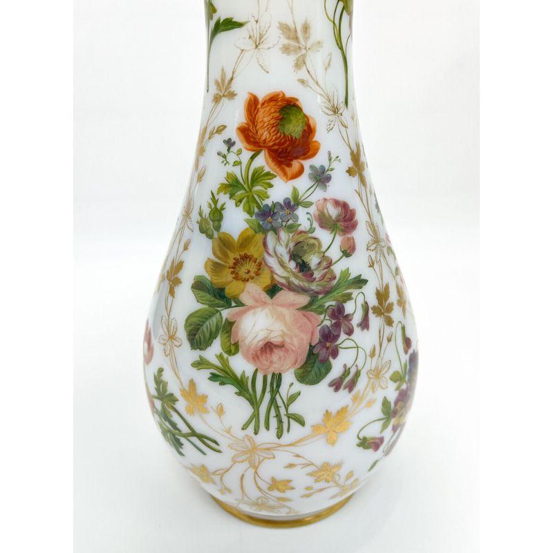19th Century Baccarat French White Opaline Glass Hand Painted Floral Vase, circa 1900 For Sale