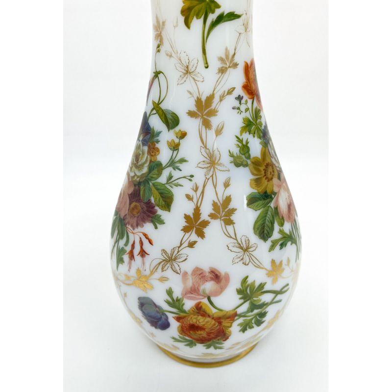 Baccarat French White Opaline Glass Hand Painted Floral Vase, circa 1900 For Sale 1