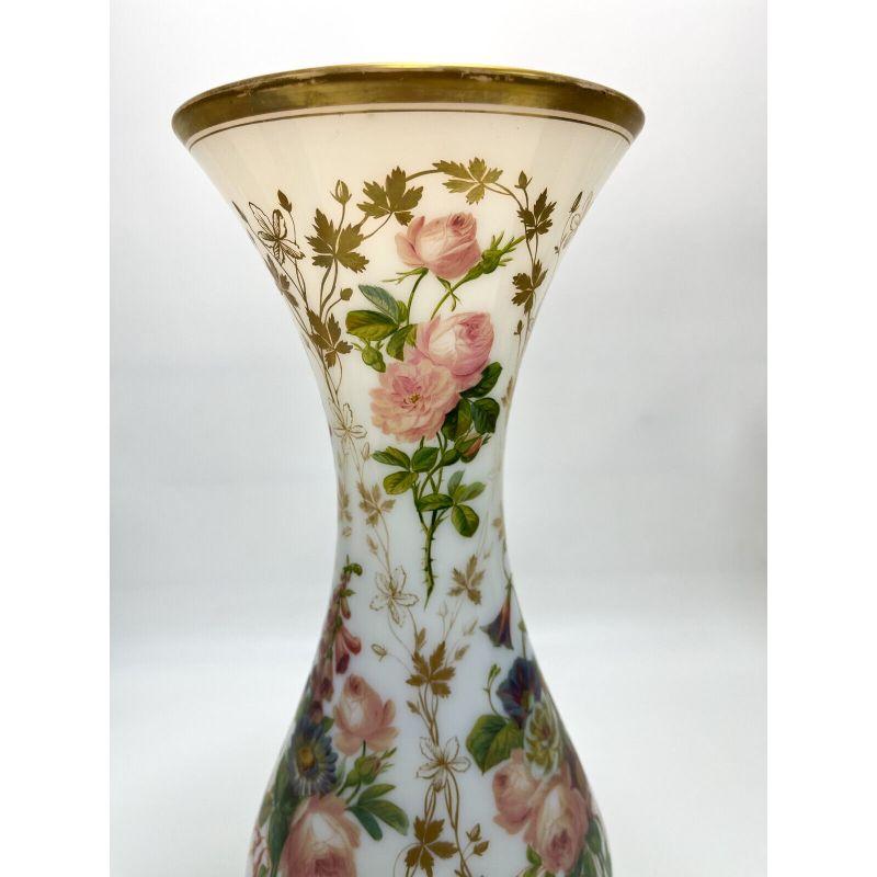 Baccarat French White Opaline Glass Hand Painted Floral Vase, circa 1900 For Sale 2