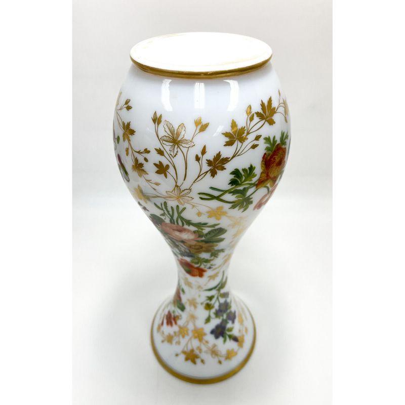 Baccarat French White Opaline Glass Hand Painted Floral Vase, circa 1900 For Sale 3