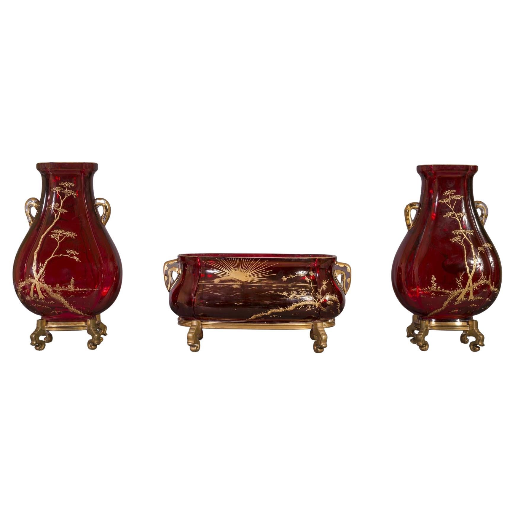 BACCARAT, Garniture with Japanese landscape, circa 1880 For Sale