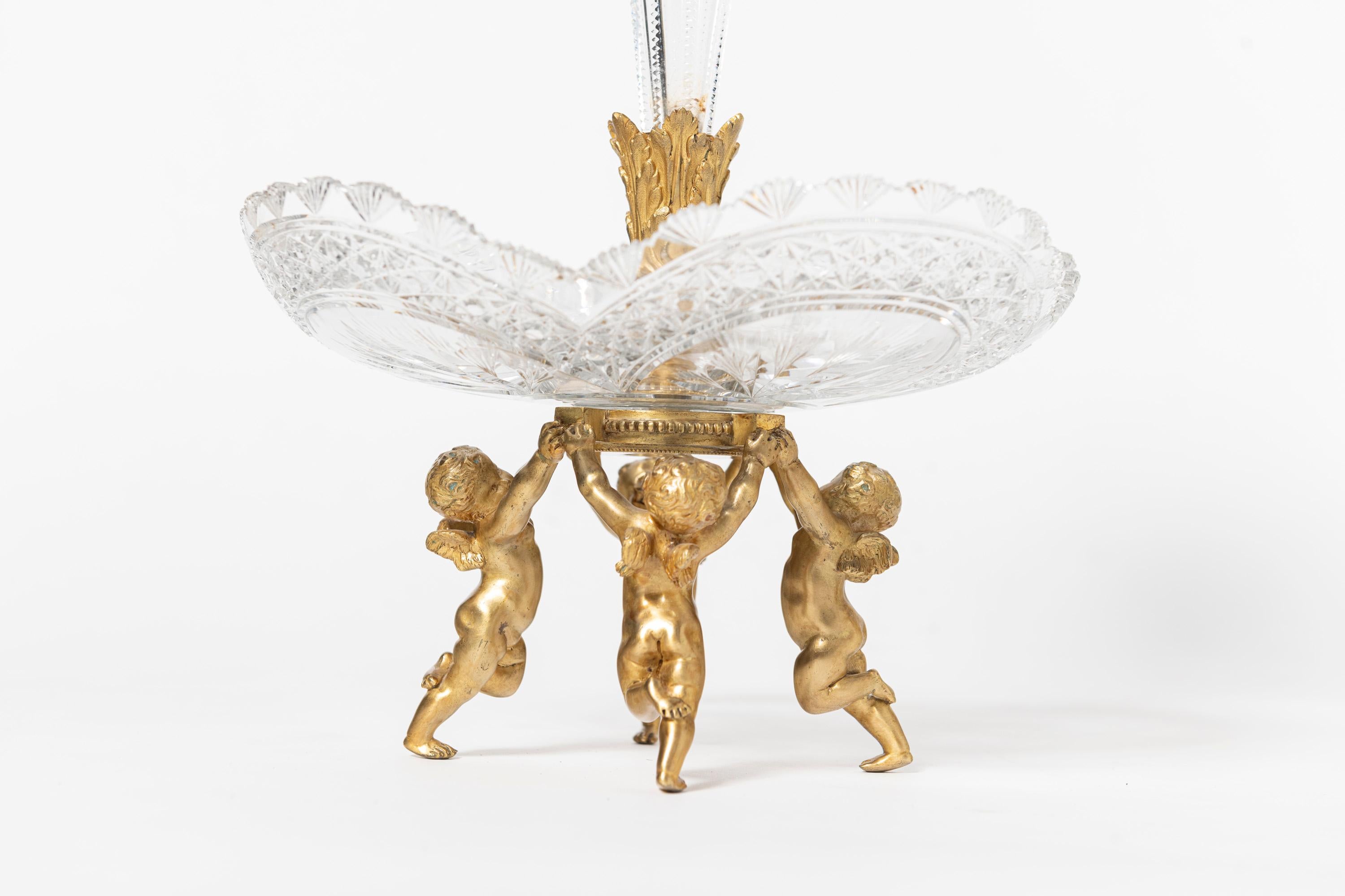 Neoclassical Baccarat glass and gilt bronze center piece. France, early 20th century. For Sale