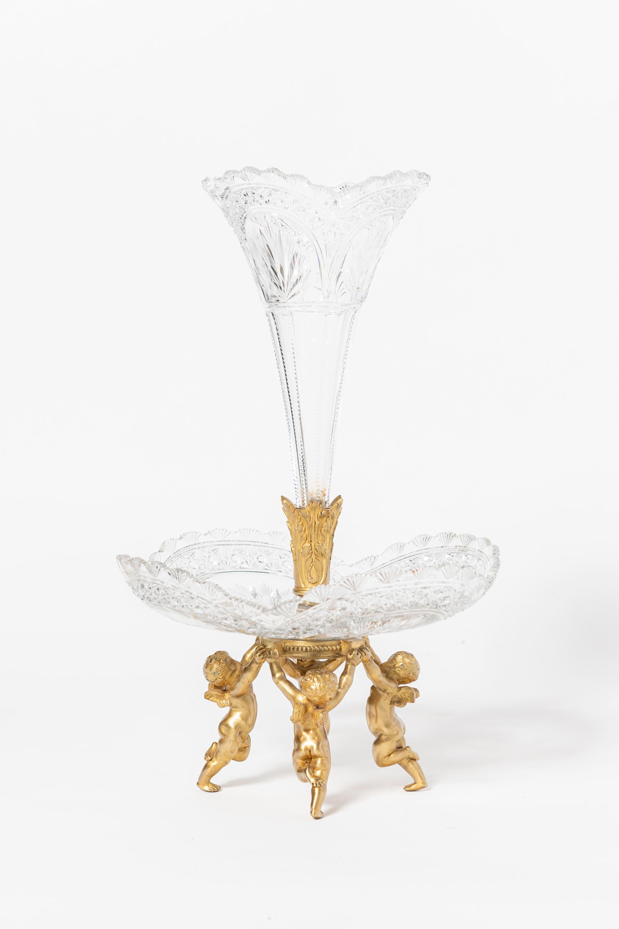 Bronze Baccarat glass and gilt bronze center piece. France, early 20th century. For Sale