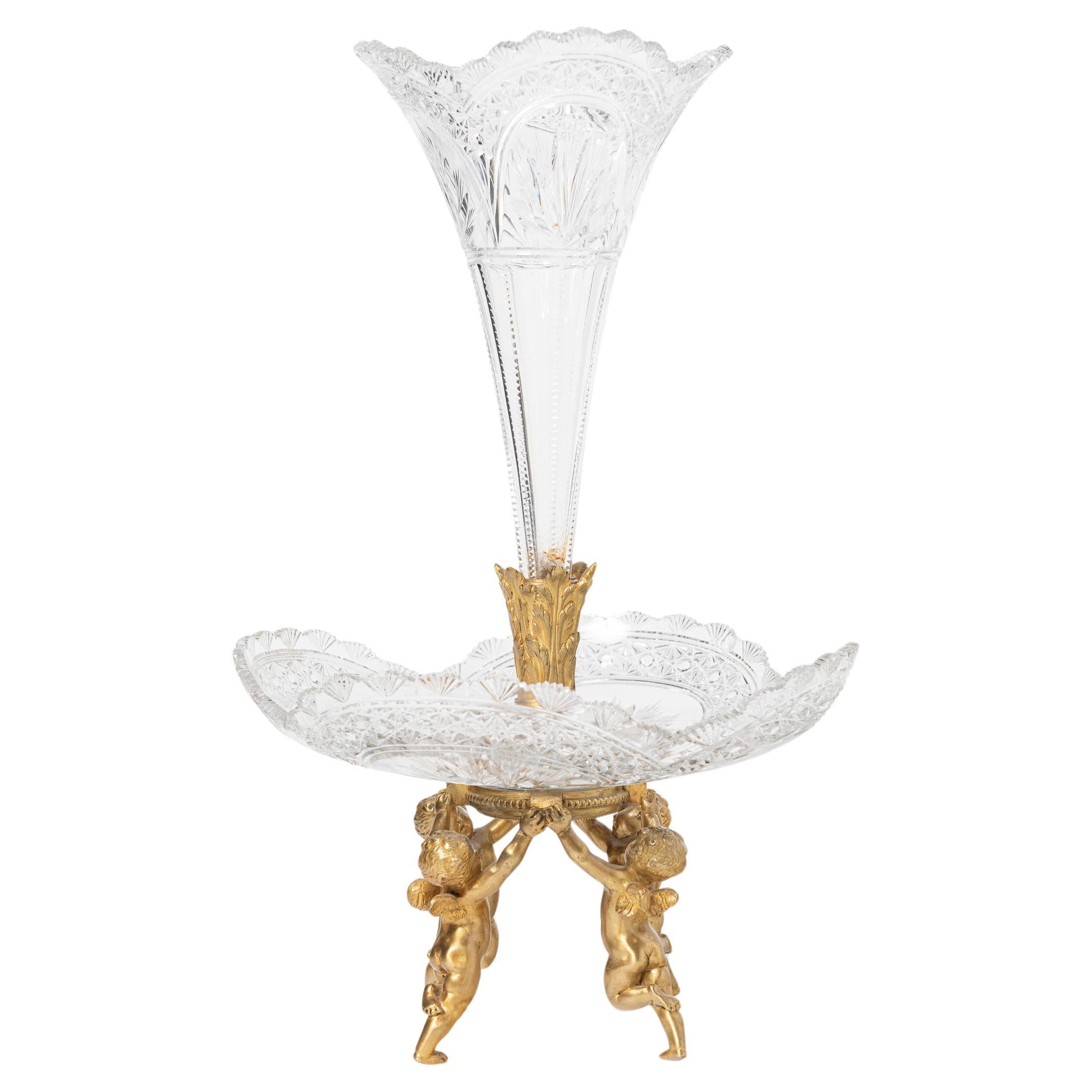 Baccarat glass and gilt bronze center piece. France, early 20th century. For Sale