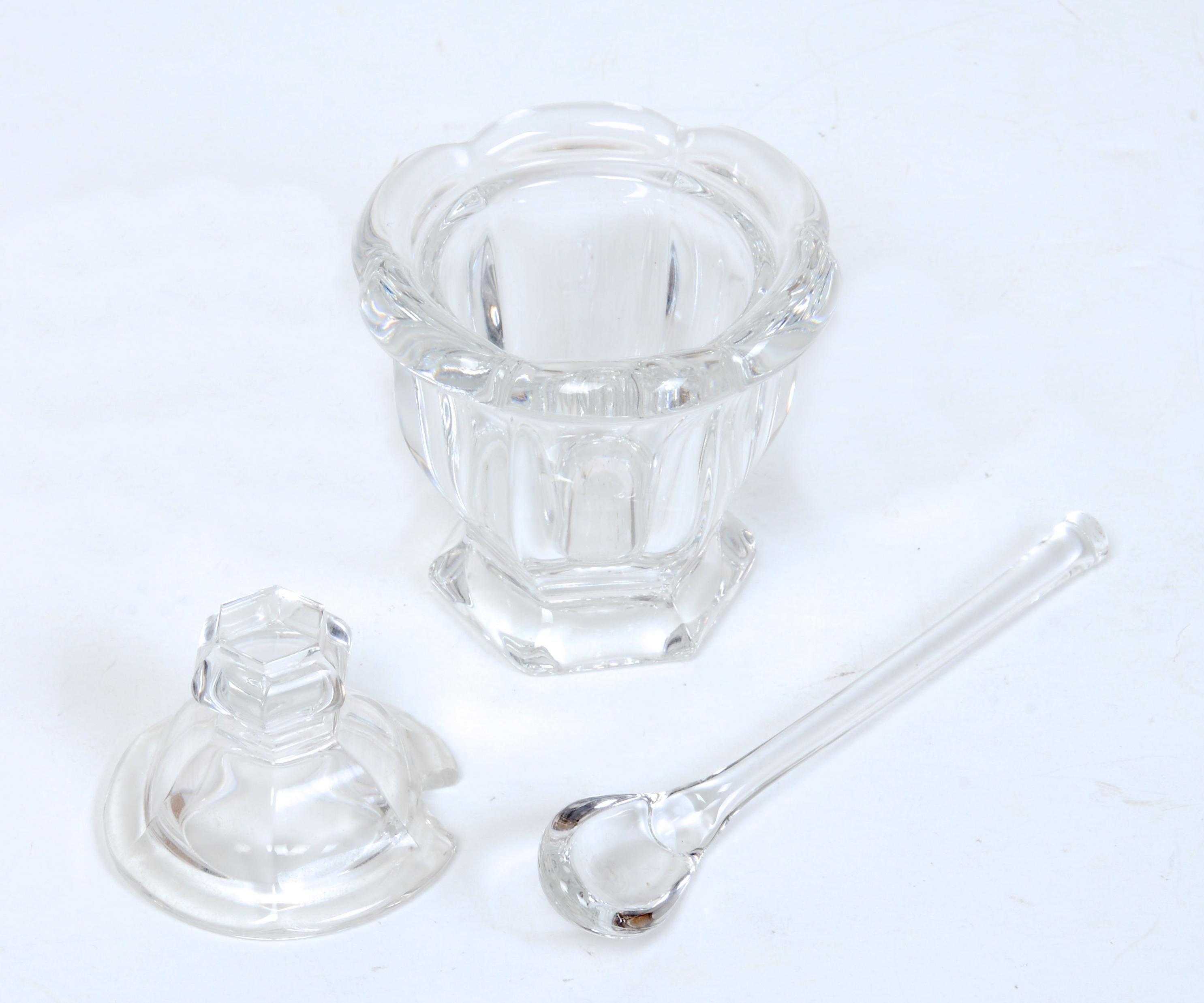 Signed Baccarat Harcourt Missouri Tulipe Bowl, Mustard, Condiment or Jam Jar With Lid and Matching Signed Spoon. Stamped on underside 