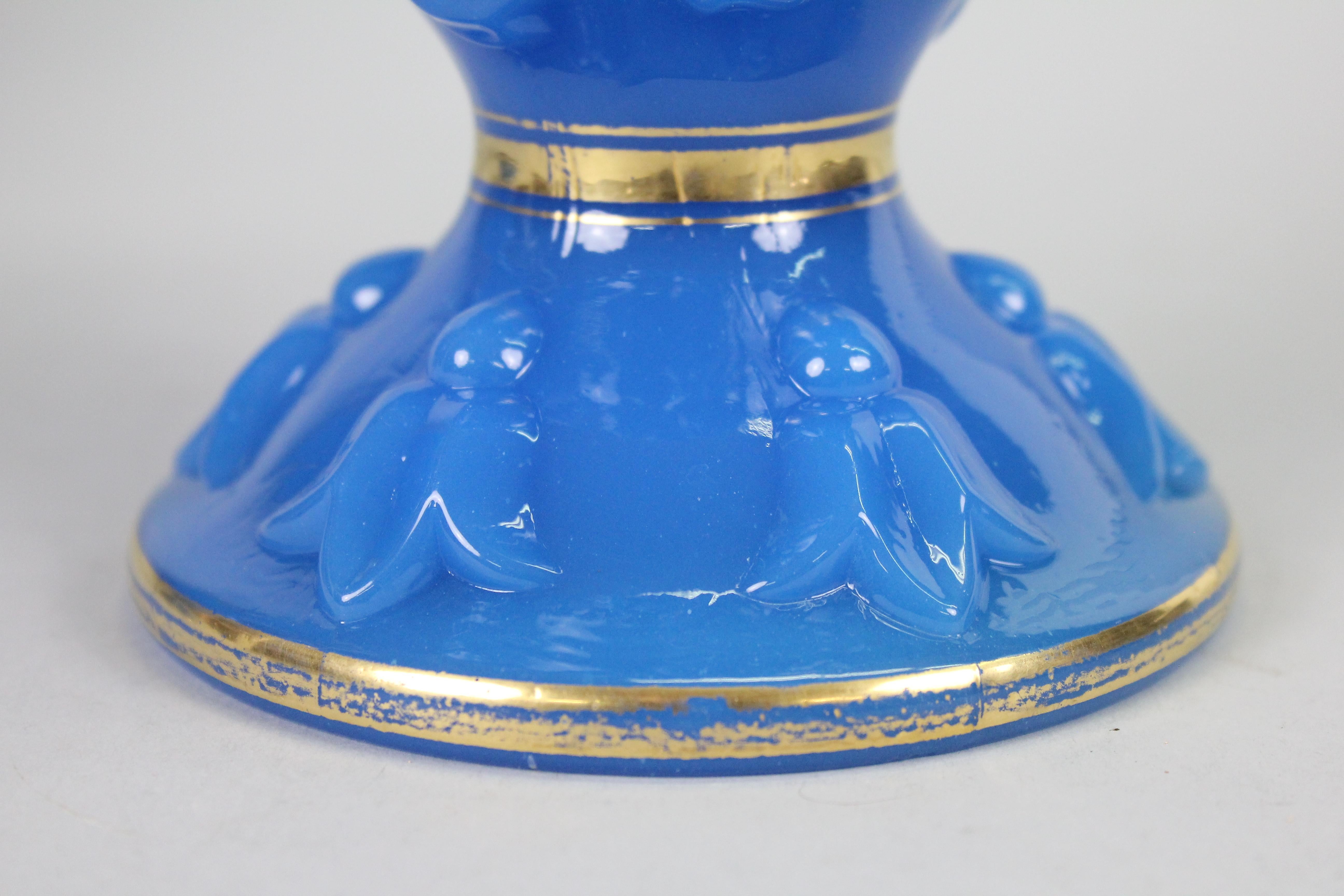 French Baccarat Large Pair of Vases, Blue Opaline Glass