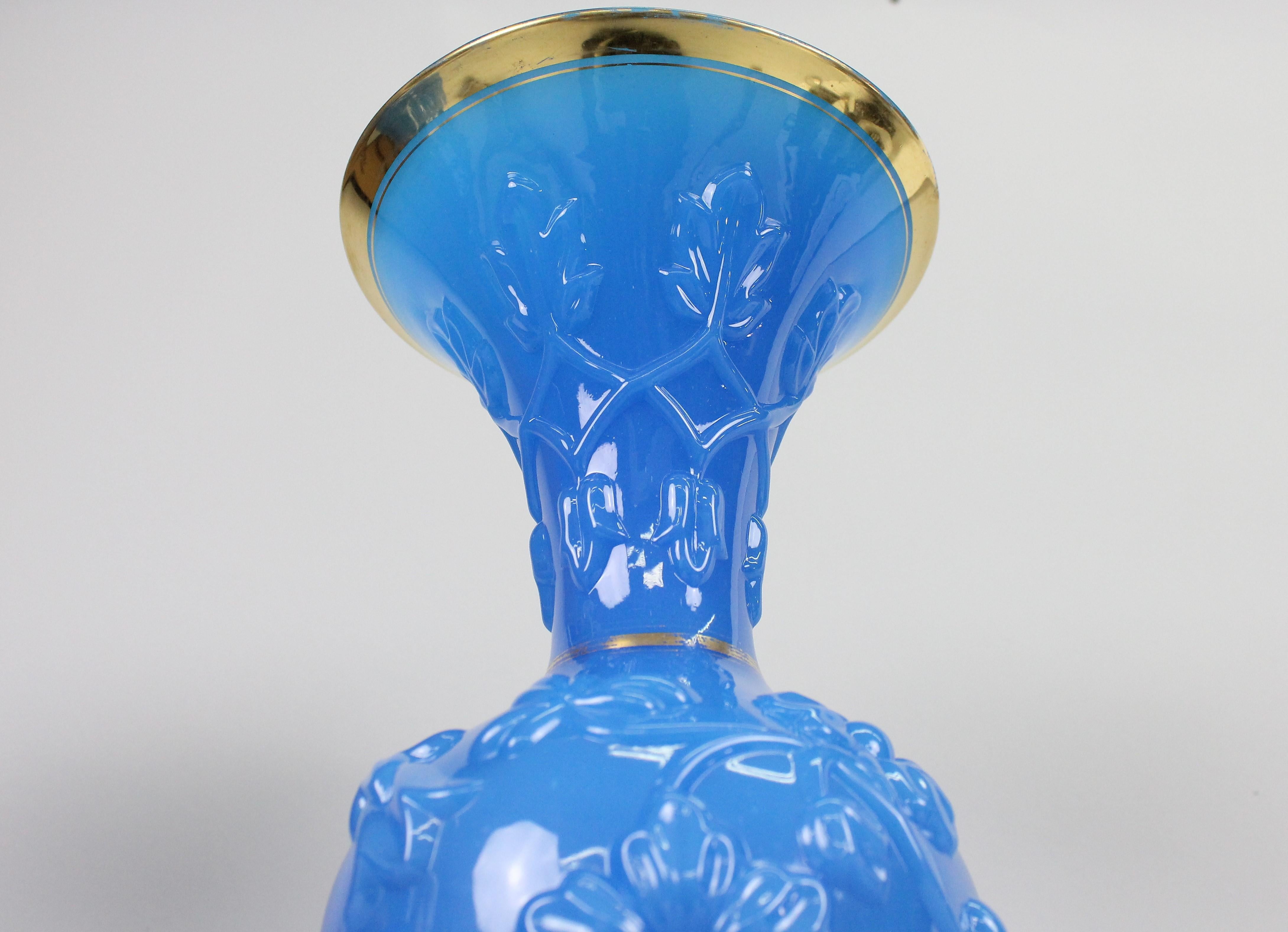 Gilt Baccarat Large Pair of Vases, Blue Opaline Glass