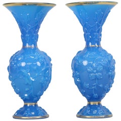 Baccarat Large Pair of Vases, Blue Opaline Glass