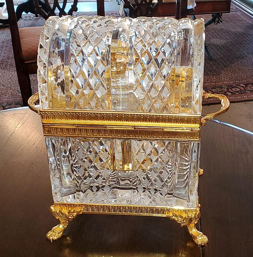 Presenting a glorious Baccarat Louis XVI style domed crystal decanter box.

This is a gorgeous item ! High quality!

It consists of a very heavy cut crystal domed decanter box with 24-karat gold-plated ormolu mounts and fixtures.

It is fully