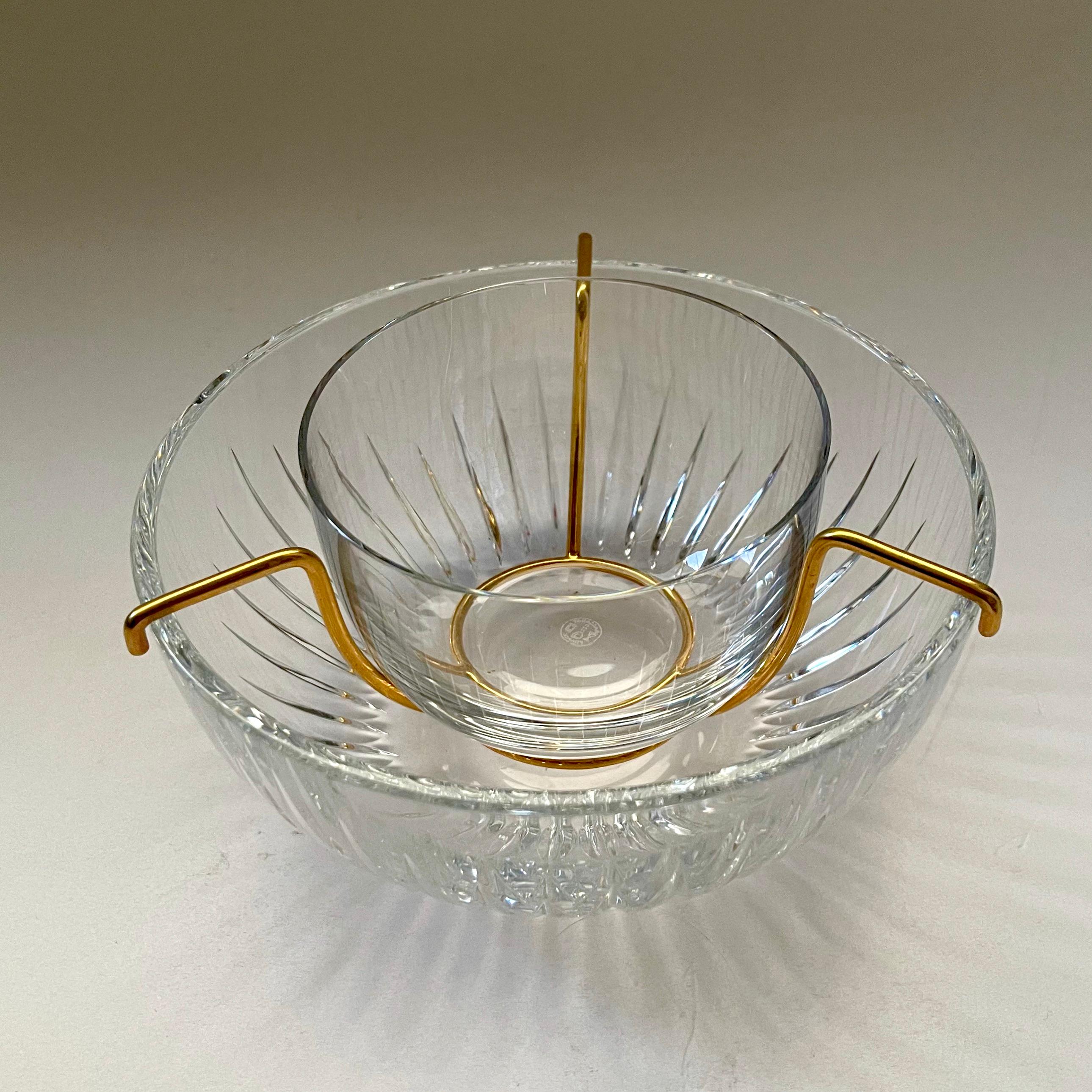 Baccarat crystal three piece caviar bowl from the Massena service. Consisting of two crystal bowls, one cut crystal the other plain nesting in a gilt metal frame. Signed Baccarat to base.