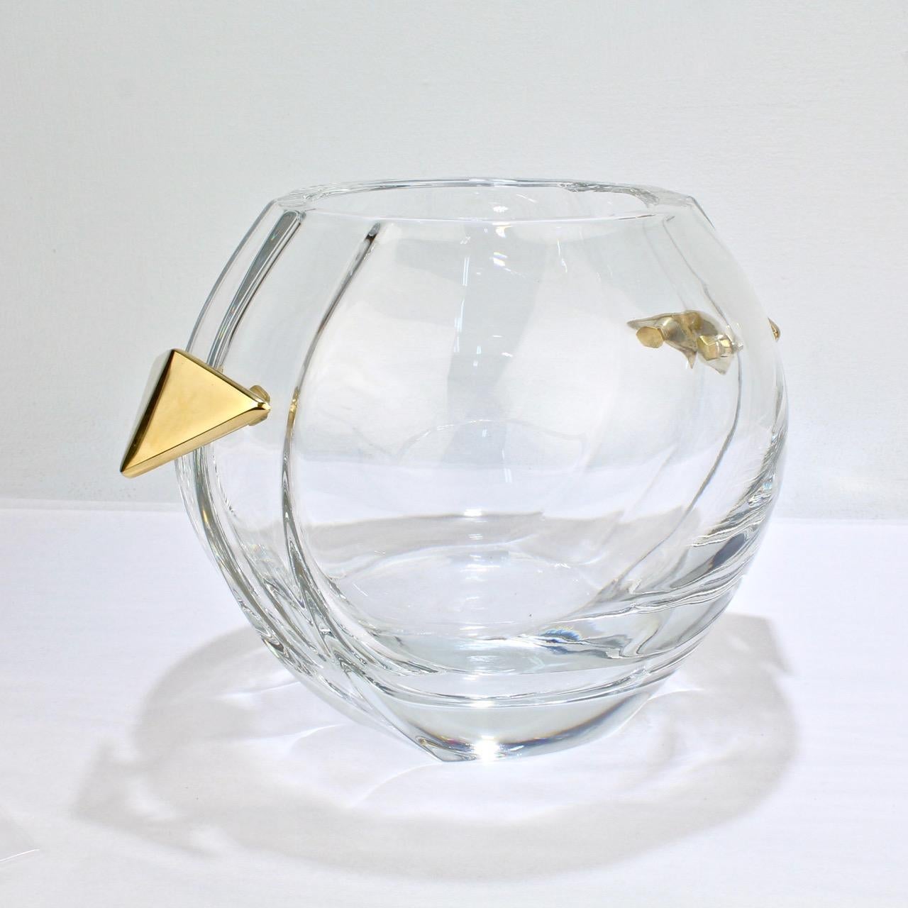 Mid-Century Modern Baccarat Modernist Crystal and Gilt Bronze Handled Ice Bucket