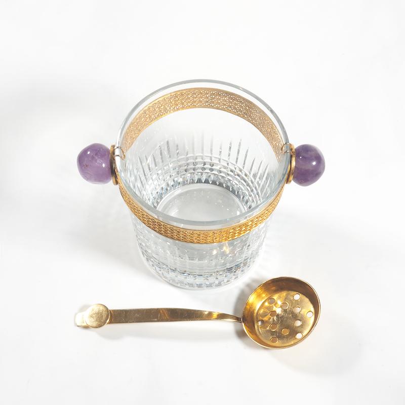 20th Century Baccarat Nancy Ice Bucket with Amethyst Handles and Gilt Ladle