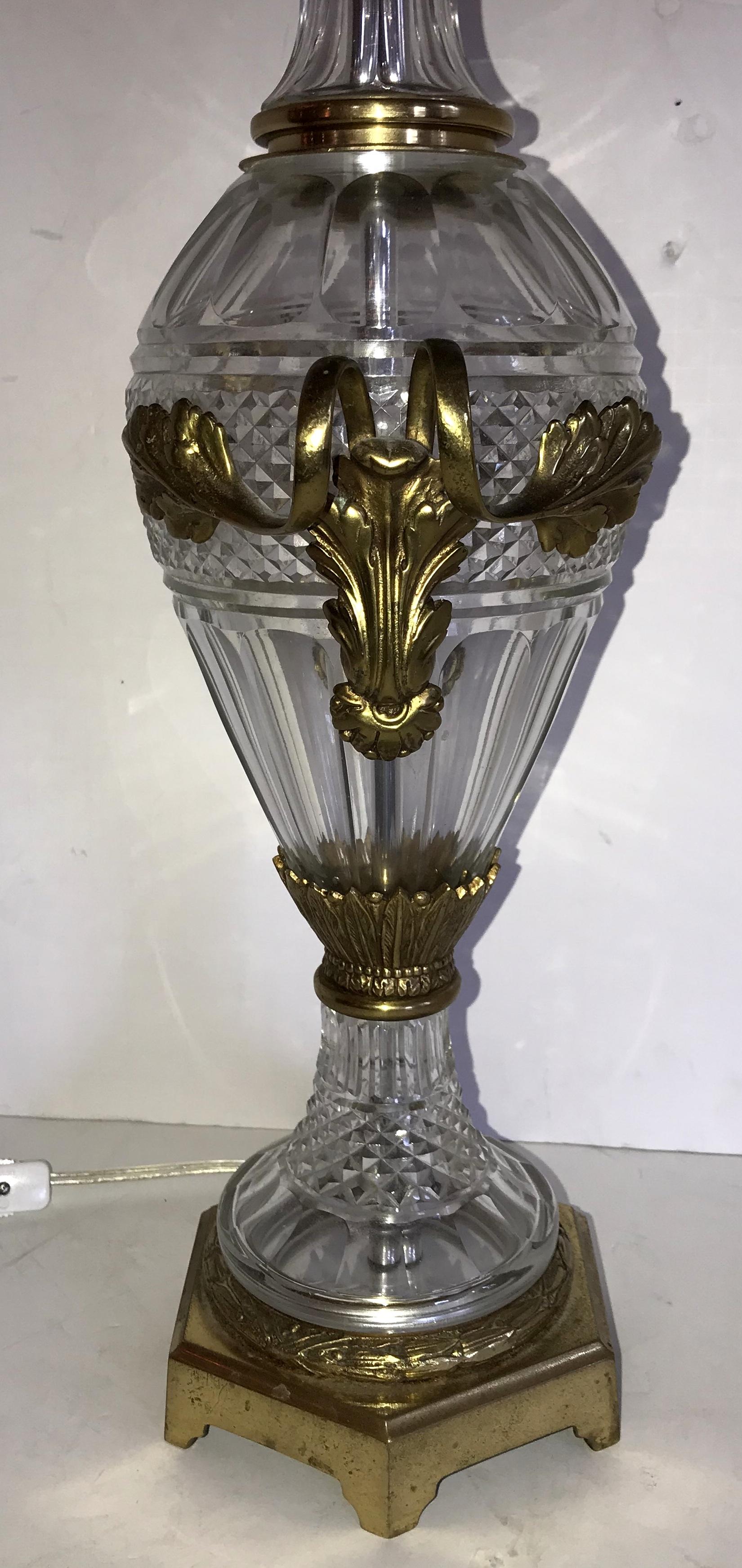 Baccarat Pair Cut Crystal Gilt Bronze Ormolu-Mounted French Filigree Urn Lamps In Good Condition For Sale In Roslyn, NY