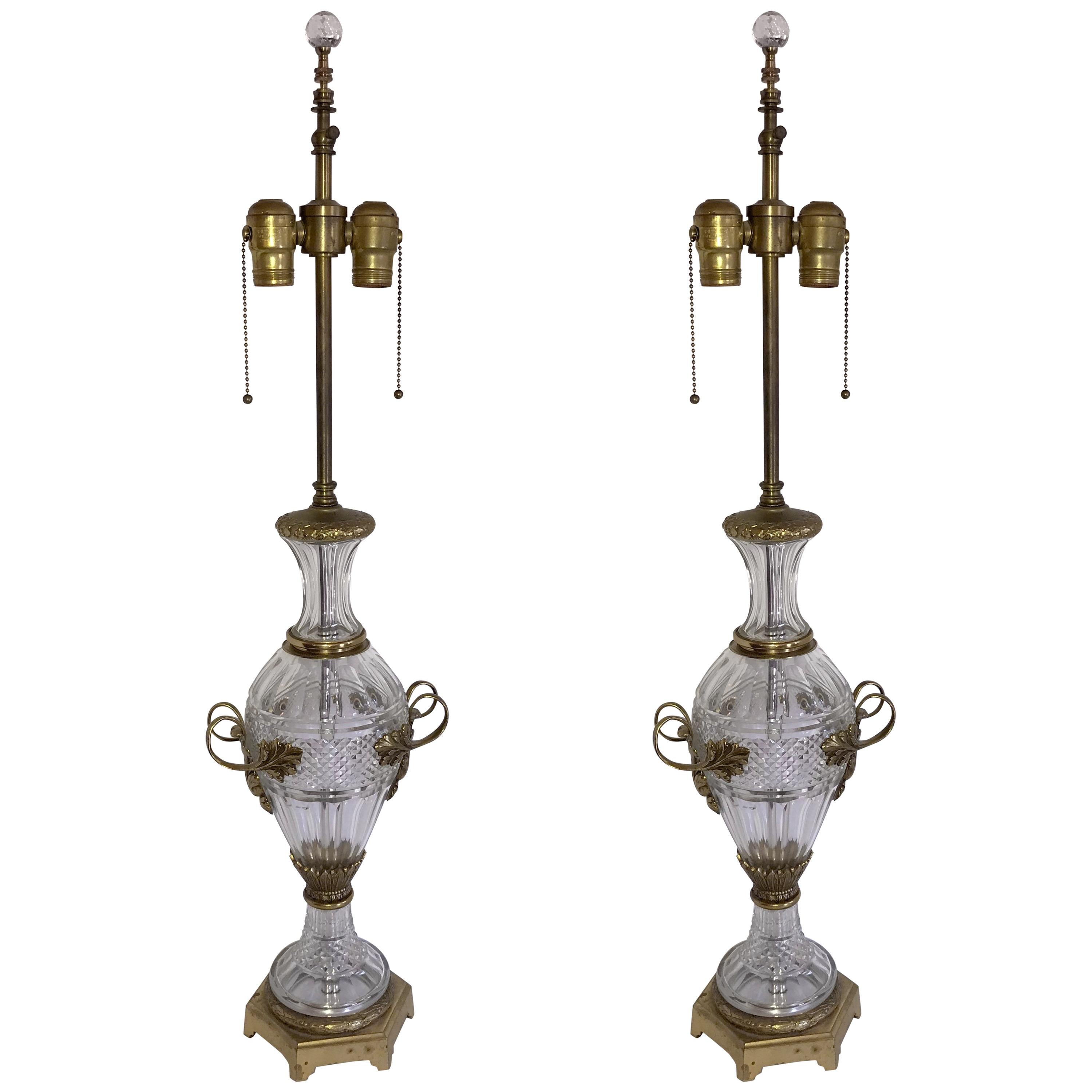 Baccarat Pair Cut Crystal Gilt Bronze Ormolu-Mounted French Filigree Urn Lamps For Sale
