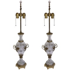 Antique Baccarat Pair Cut Crystal Gilt Bronze Ormolu-Mounted French Filigree Urn Lamps