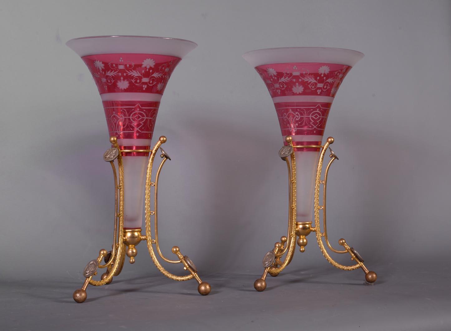 Napoleon III BACCARAT, Pair of Mounted Vases, circa 1878 For Sale