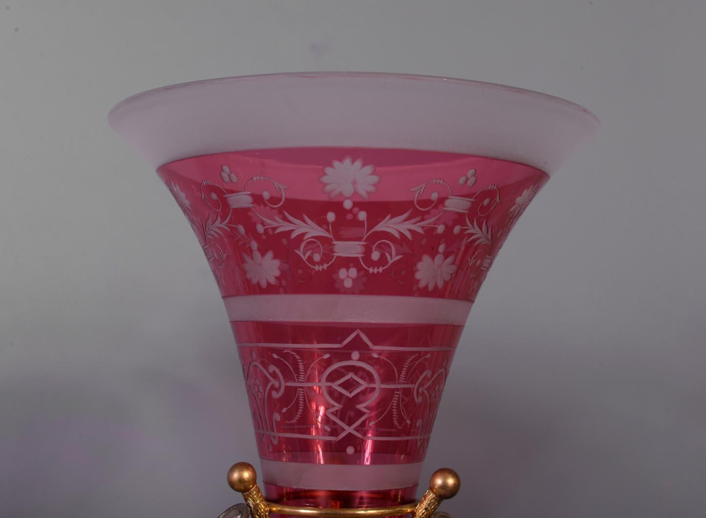 Gilt BACCARAT, Pair of Mounted Vases, circa 1878 For Sale