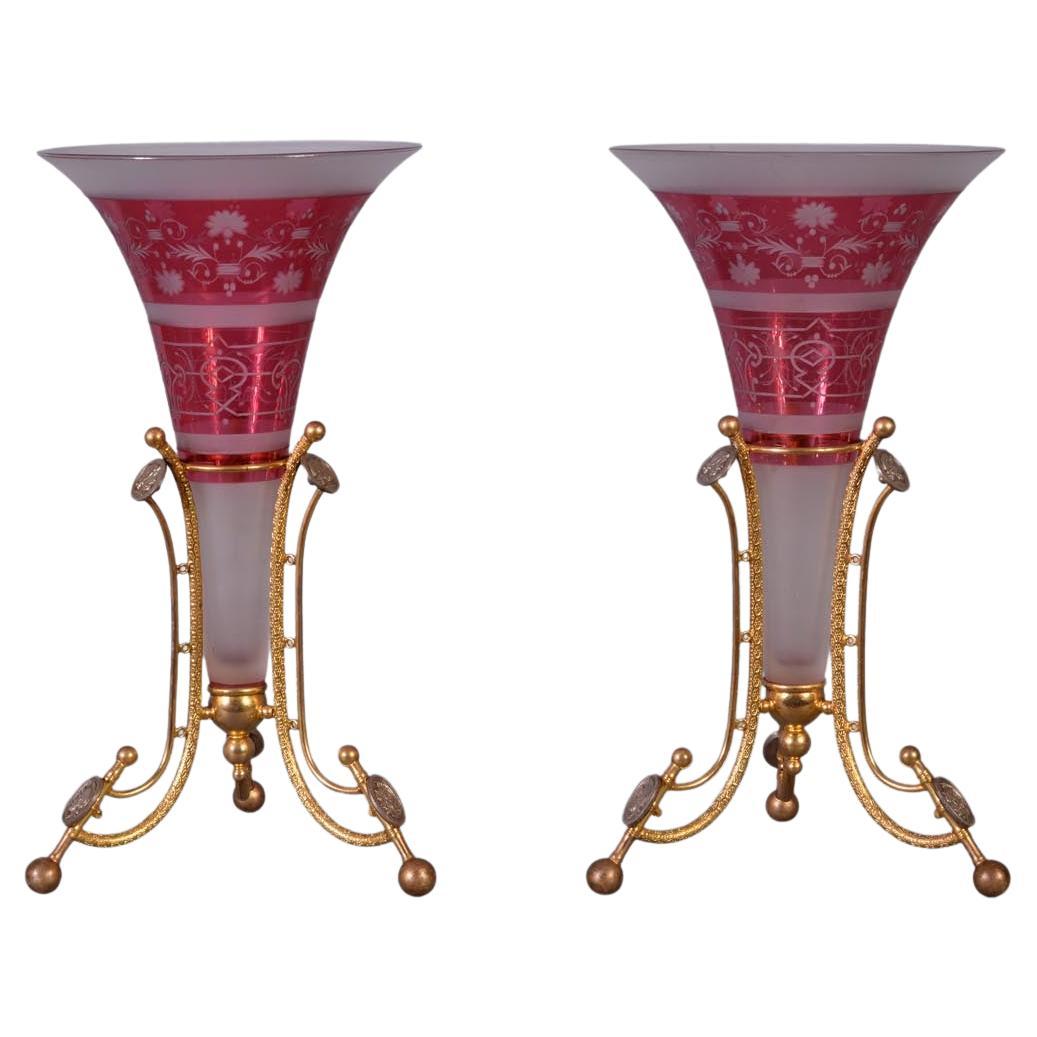 BACCARAT, Pair of Mounted Vases, circa 1878 For Sale