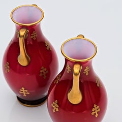 Baccarat, Pair Of Red Baluster Vases, Golden Decor, 1880