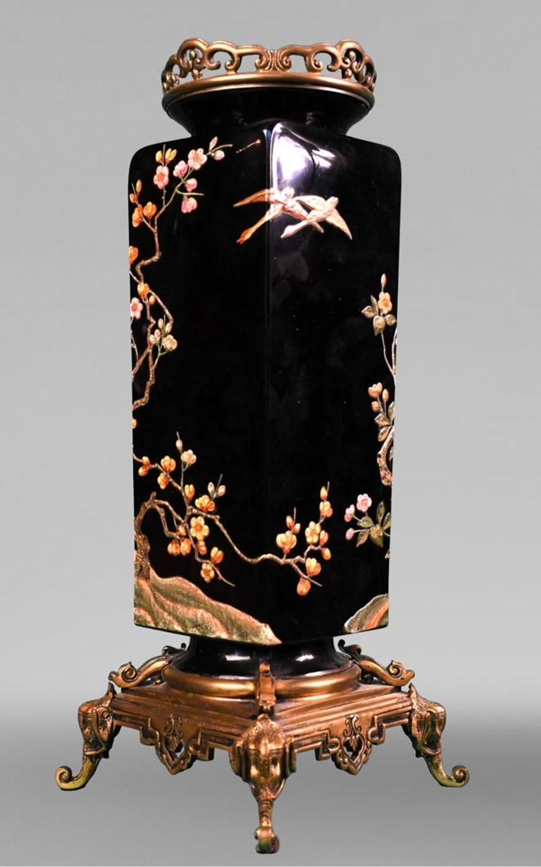 Japonisme BACCARAT, Pair of Vases with Japonist Decoration of Flowering Trees and Birds For Sale