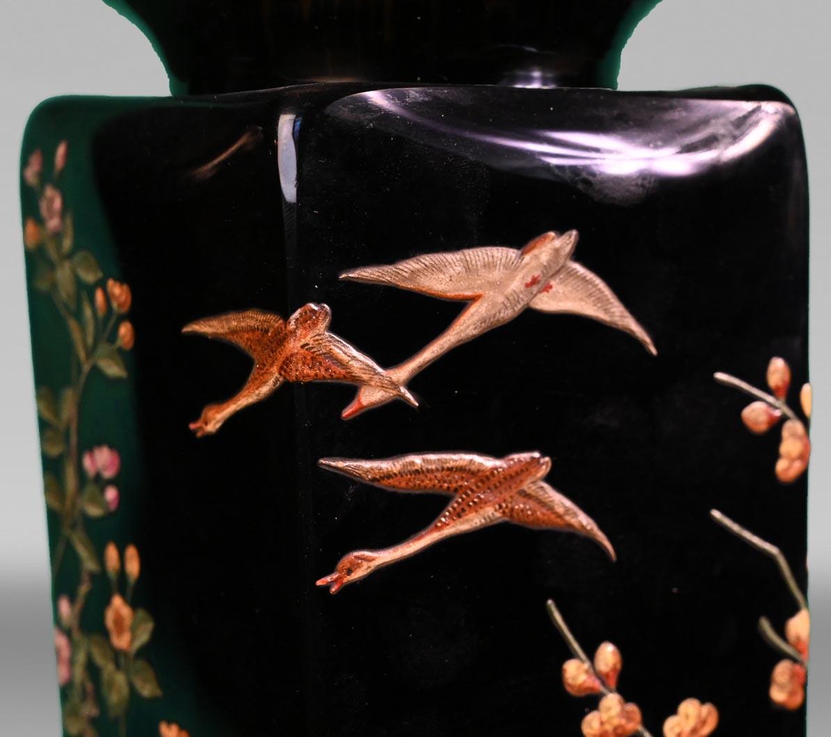 French BACCARAT, Pair of Vases with Japonist Decoration of Flowering Trees and Birds For Sale