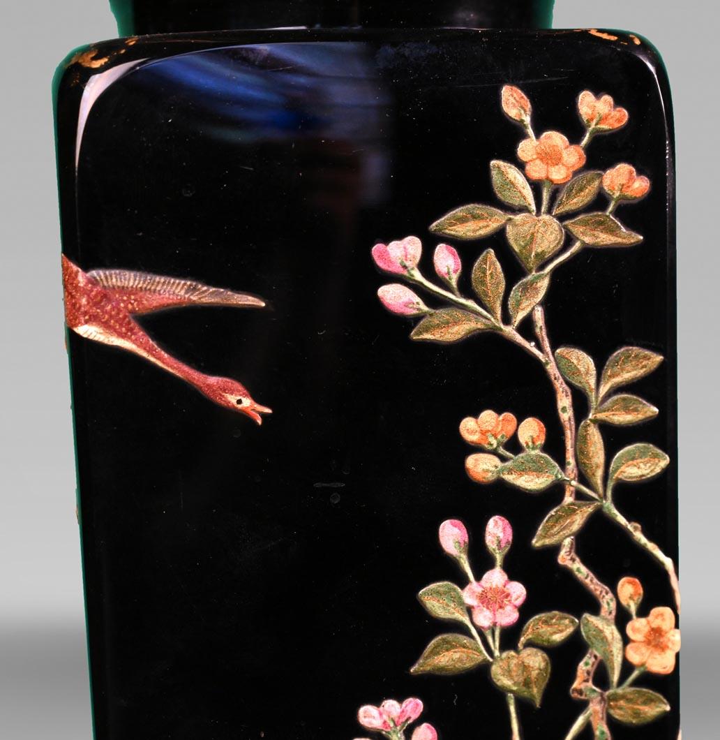 Enameled BACCARAT, Pair of Vases with Japonist Decoration of Flowering Trees and Birds For Sale