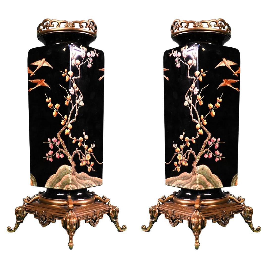 BACCARAT, Pair of Vases with Japonist Decoration of Flowering Trees and Birds For Sale