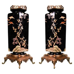 BACCARAT, Pair of Vases with Japonist Decoration of Flowering Trees and Birds
