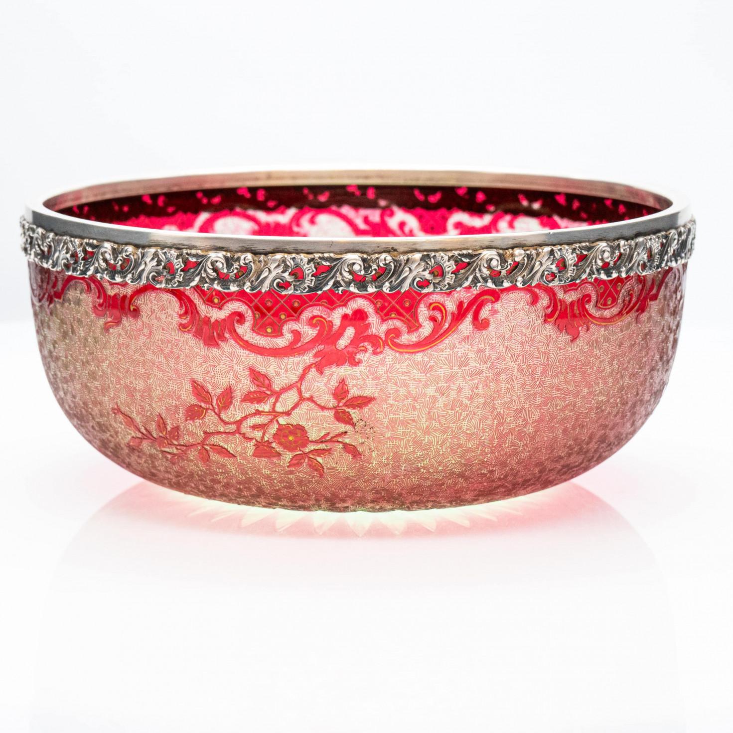 Hand-Crafted Baccarat Pattern, Bright Crimson, Acid Etched Bowl, 1900, France For Sale
