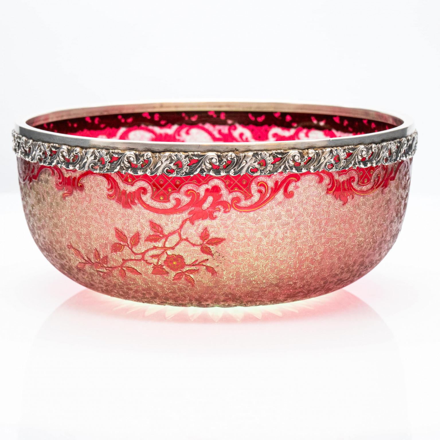 Hand-Crafted Baccarat Pattern, Bright Crimson, Acid Etched Bowl, 1900, France For Sale