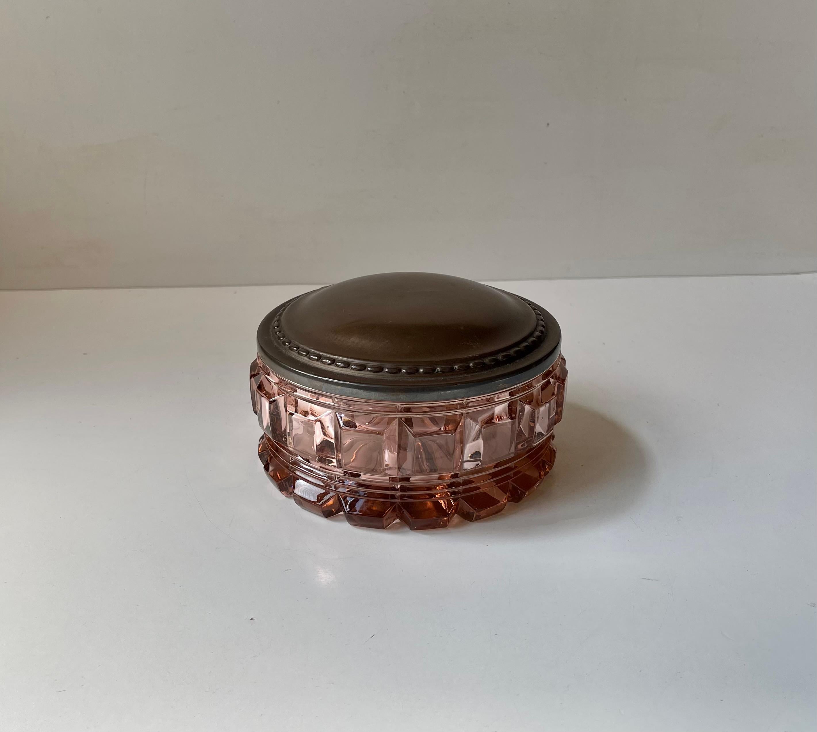 Arts and Crafts Baccarat Rose Crystal and Copper Dresser Jar, France 1930s For Sale