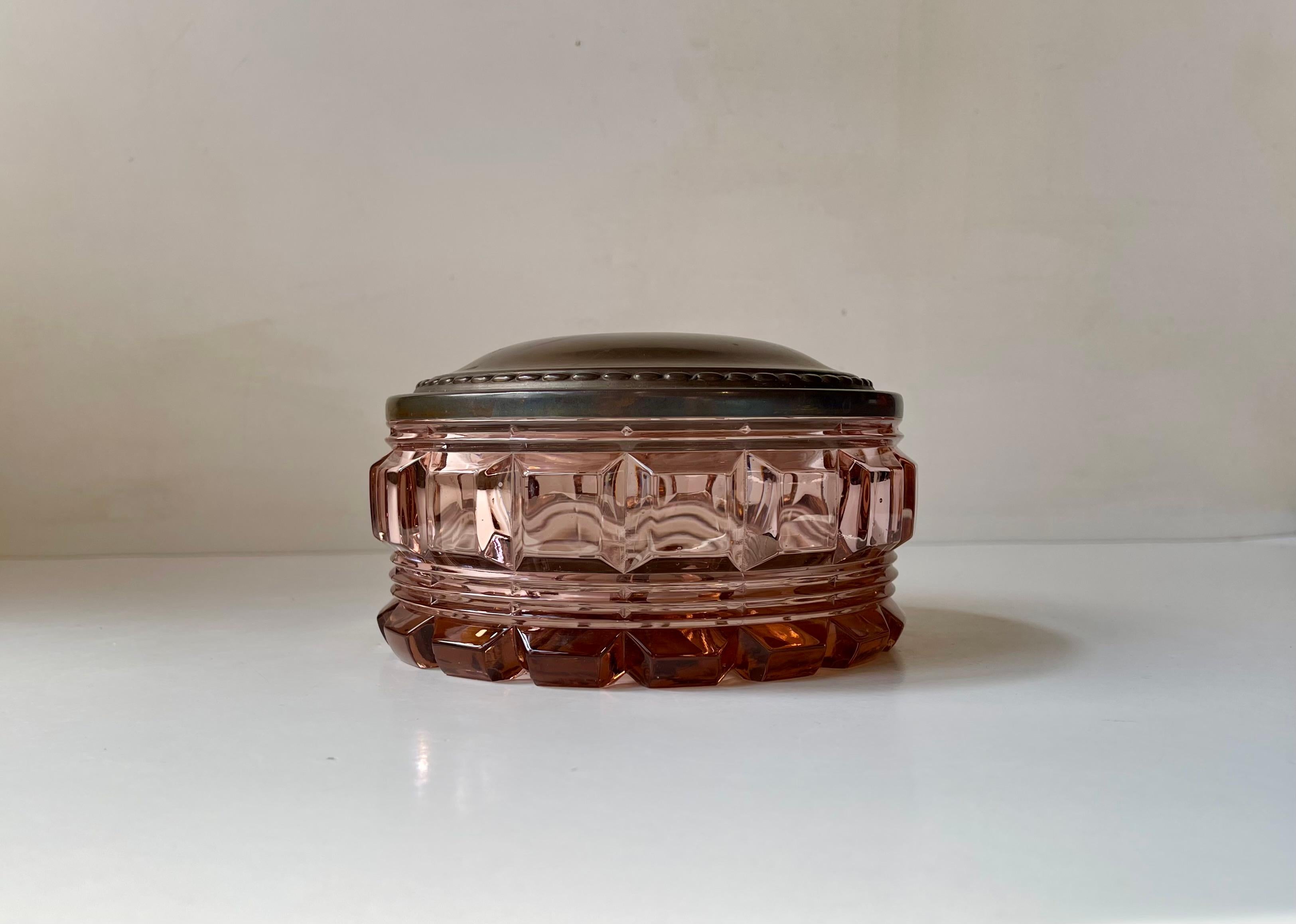 French Baccarat Rose Crystal and Copper Dresser Jar, France 1930s For Sale
