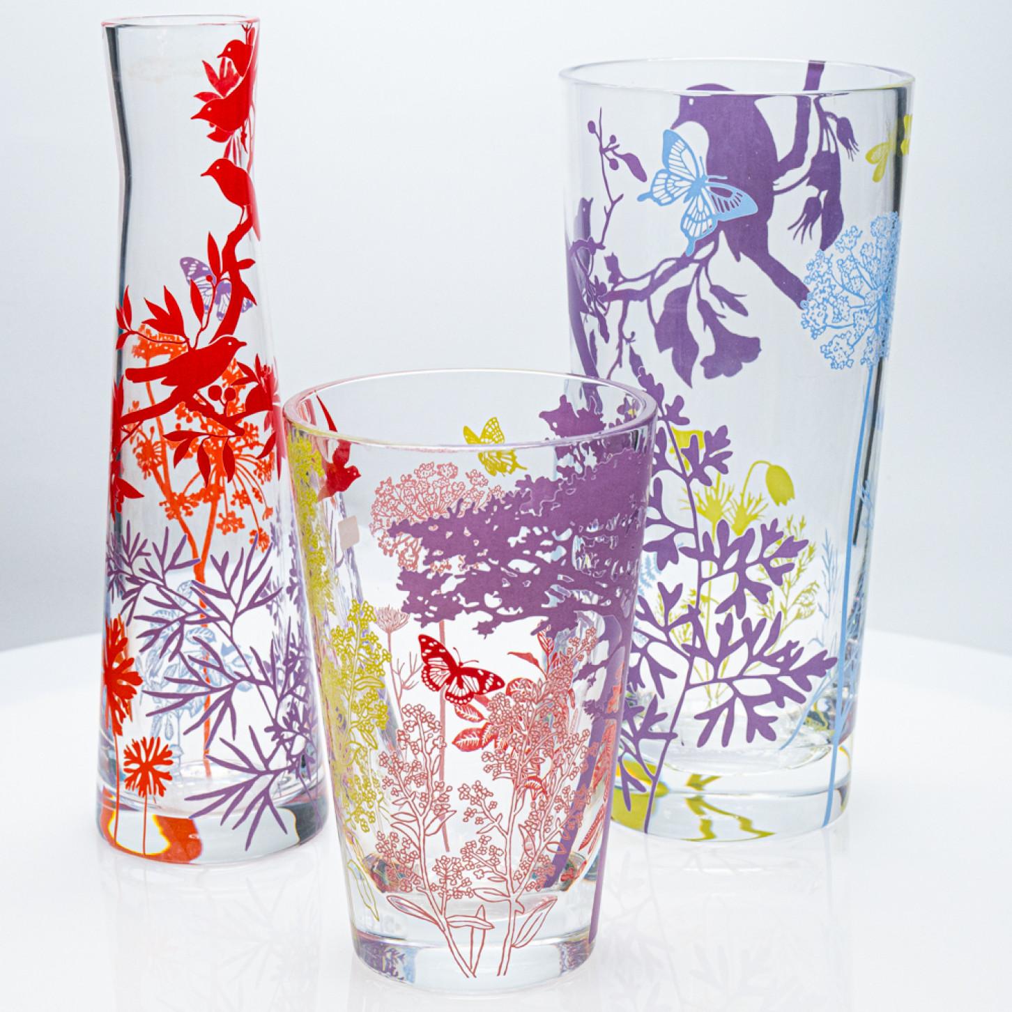 Modern Baccarat, Set of 3 Crystal Vases, Printed Polychrome Decoration, France, 2006 For Sale