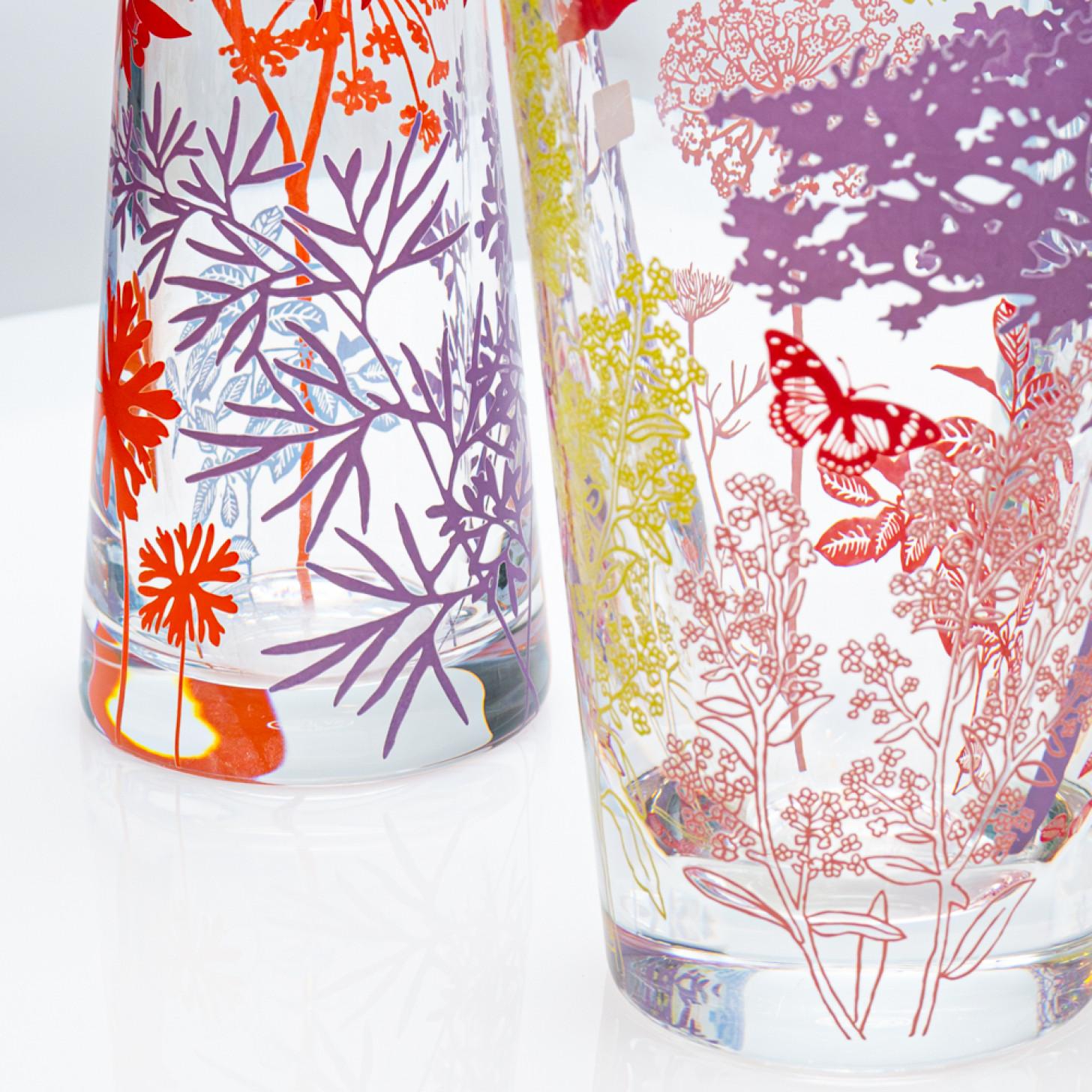 French Baccarat, Set of 3 Crystal Vases, Printed Polychrome Decoration, France, 2006 For Sale