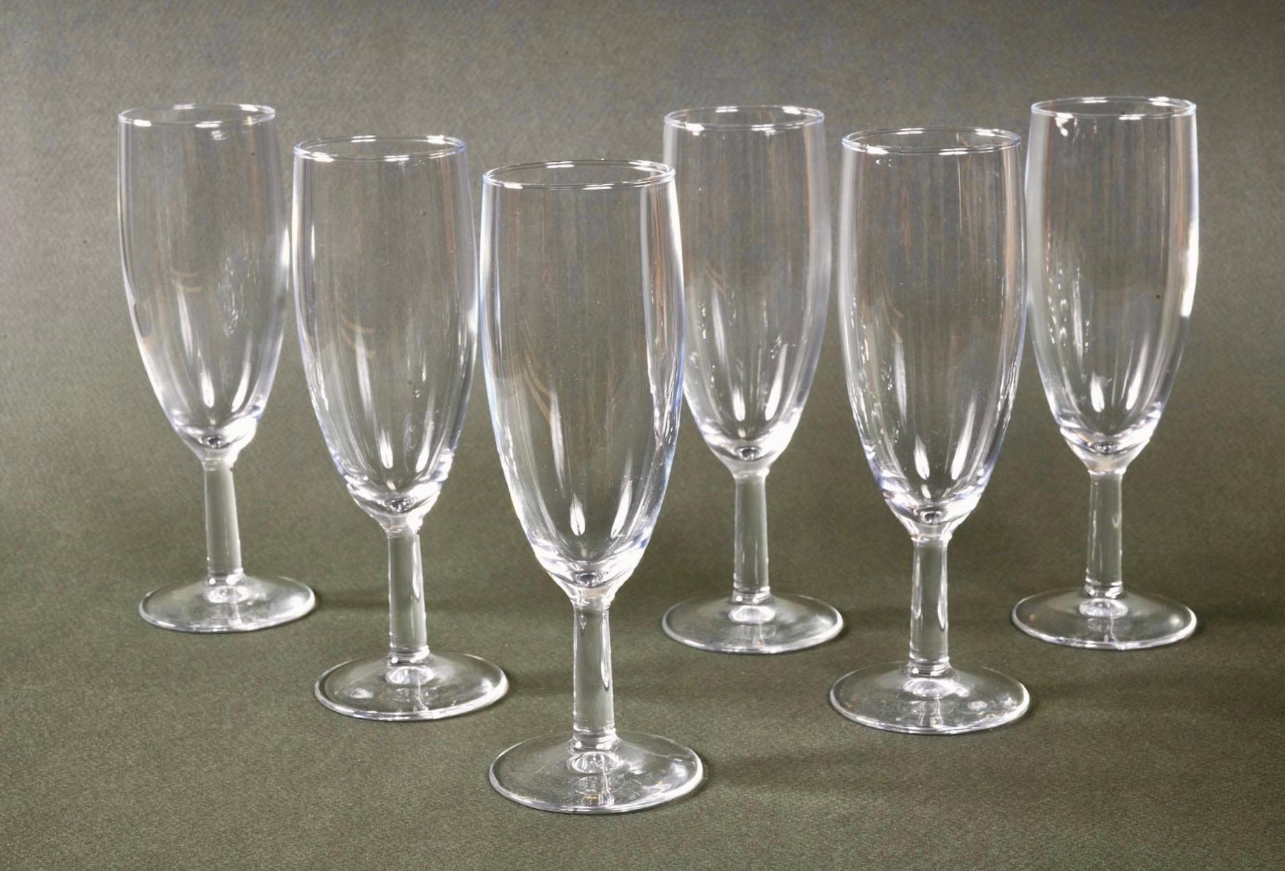 Mid-Century Modern Baccarat Set of Six French Signed Crystal Champagne Flutes For Sale