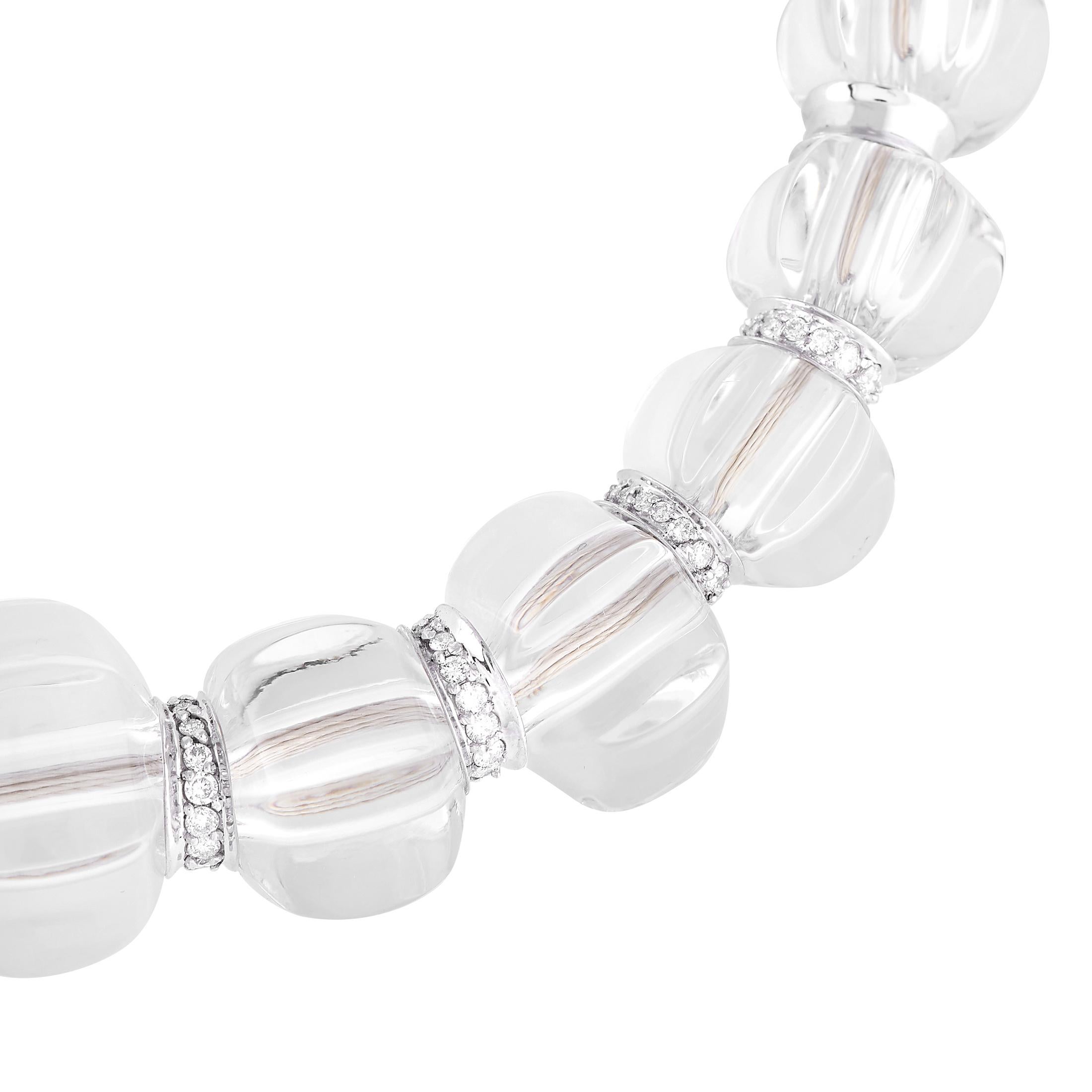 An exceptional crystal jewelry from the French luxury brand, Baccarat. The Sherazade crystal necklace features a white gold strand of oversized, cylindrical clear crystal beads. In between each cylindrical crystal bead that graduate in size are