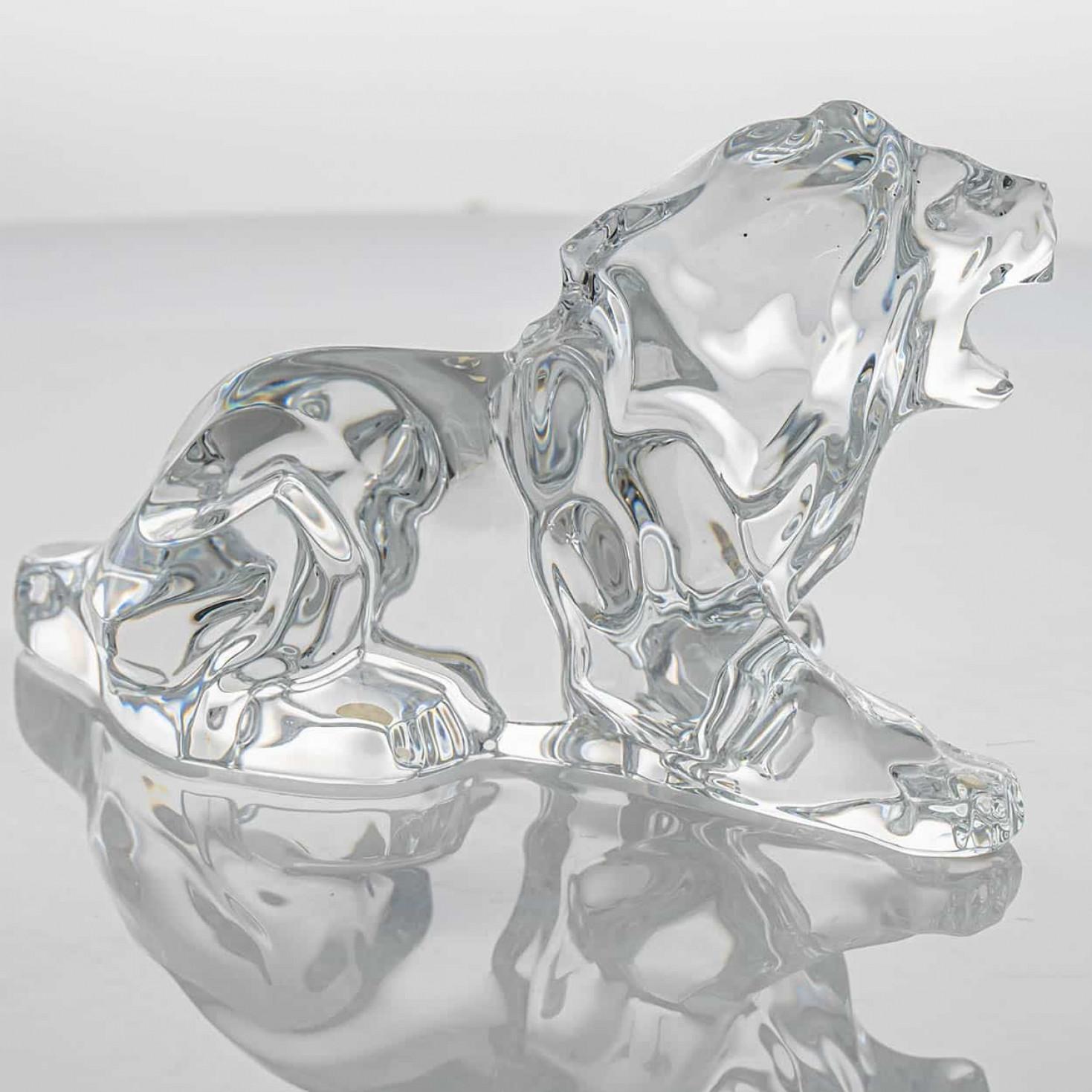 Late 20th Century Baccarat Signed Crystal Roaring Lion Sculpture, France For Sale