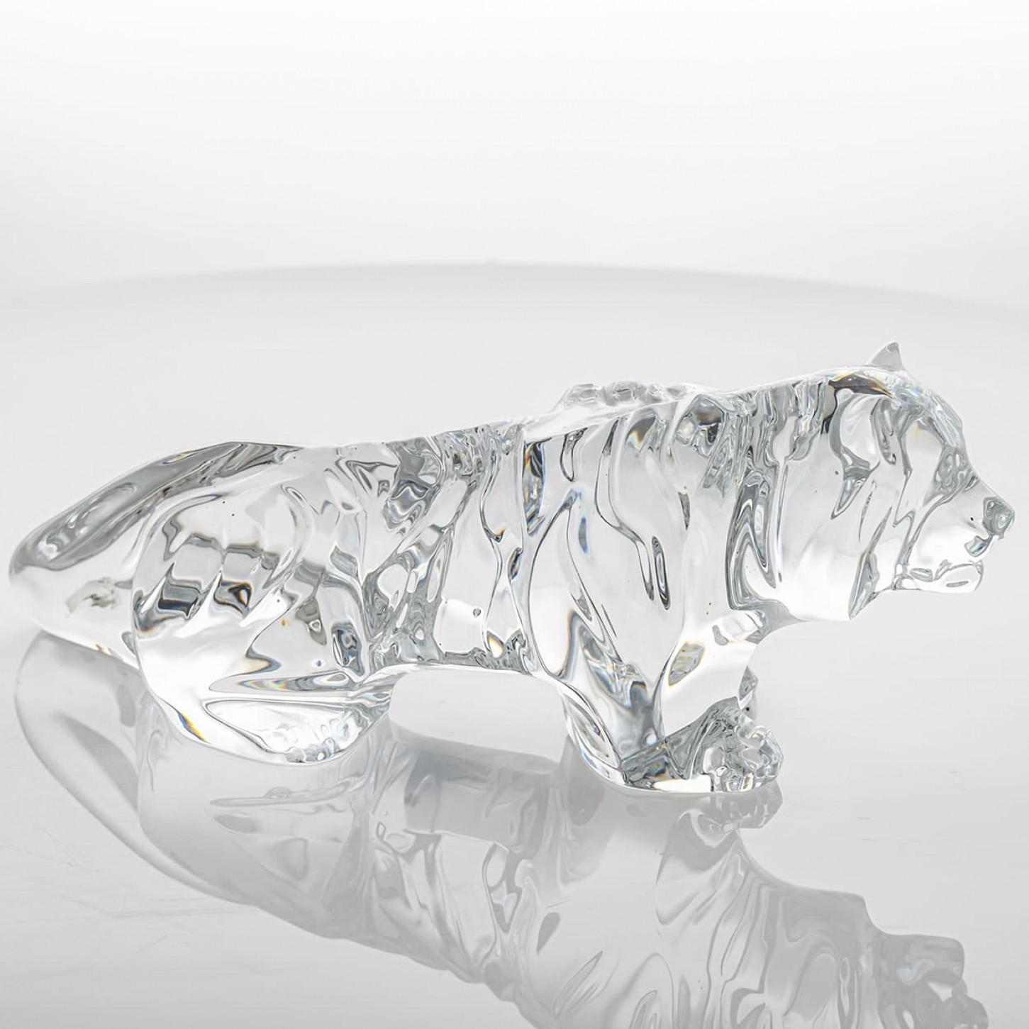 Late 20th Century Baccarat Signed Crystal Tiger Sculpture, France For Sale