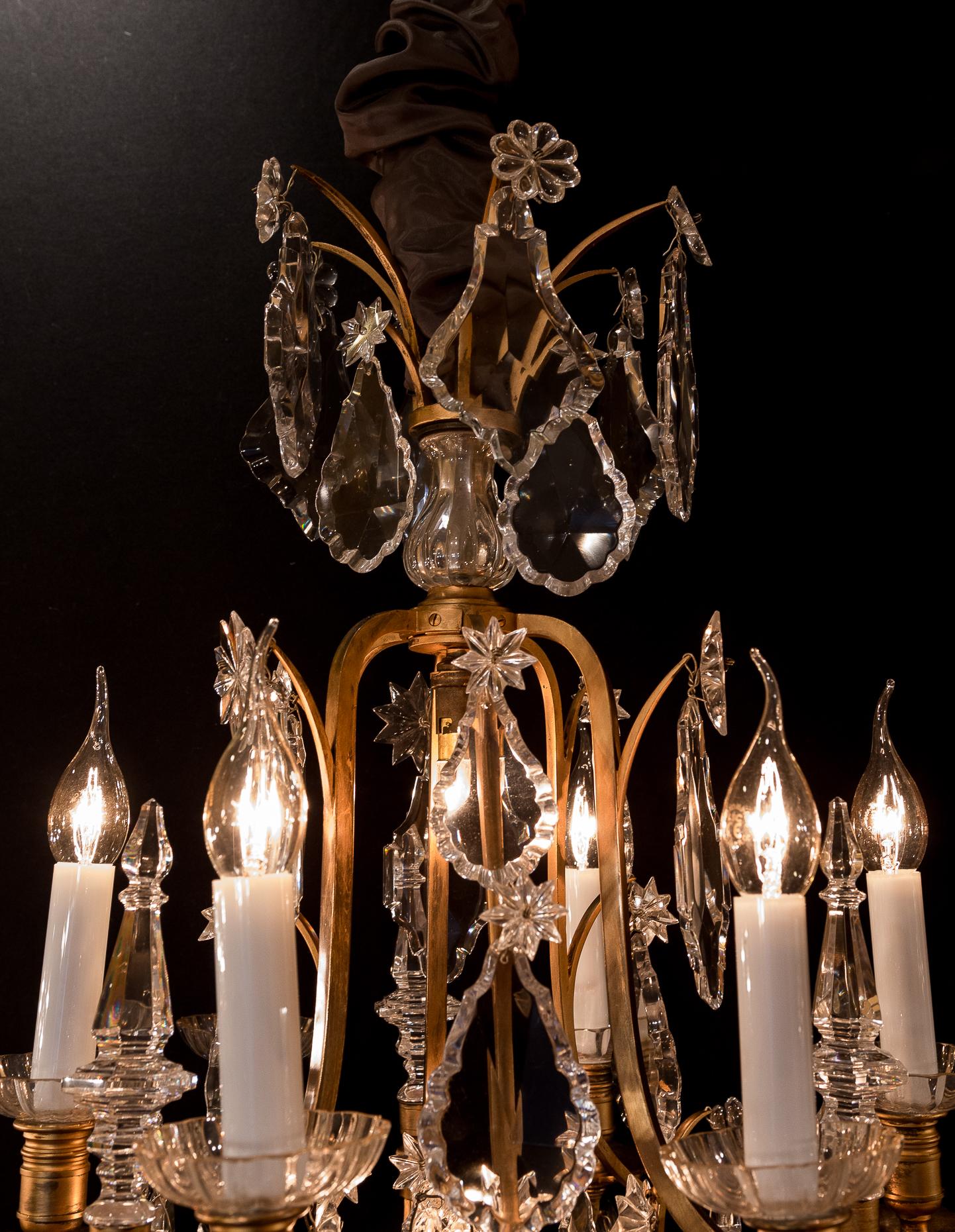 Gilt Baccarat Signed, French Louis XV Style, Patinated-Bronze and Crystal Chandelier For Sale