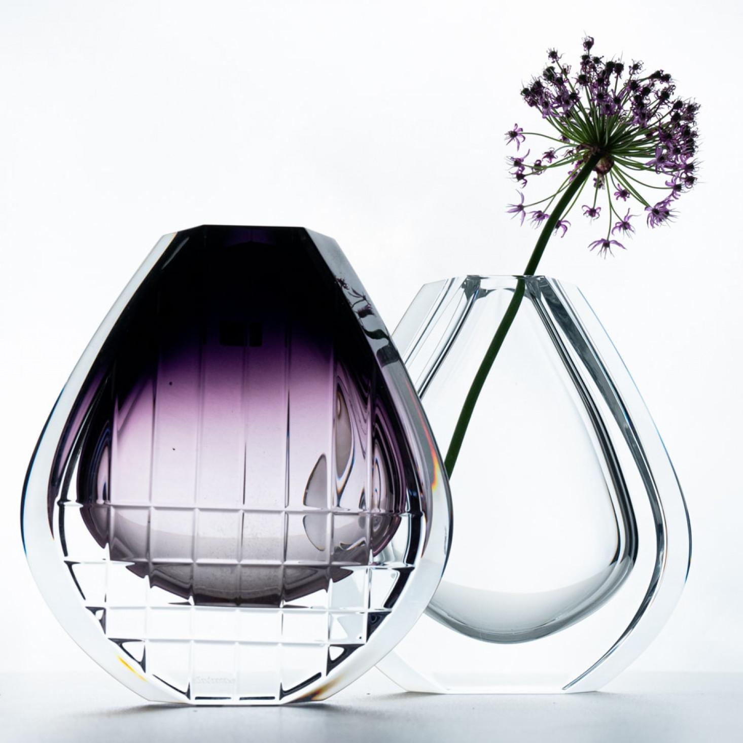 Other Baccarat Signed, Set of 2 Clear and Amethist Crystal Vases, France, 1980 For Sale