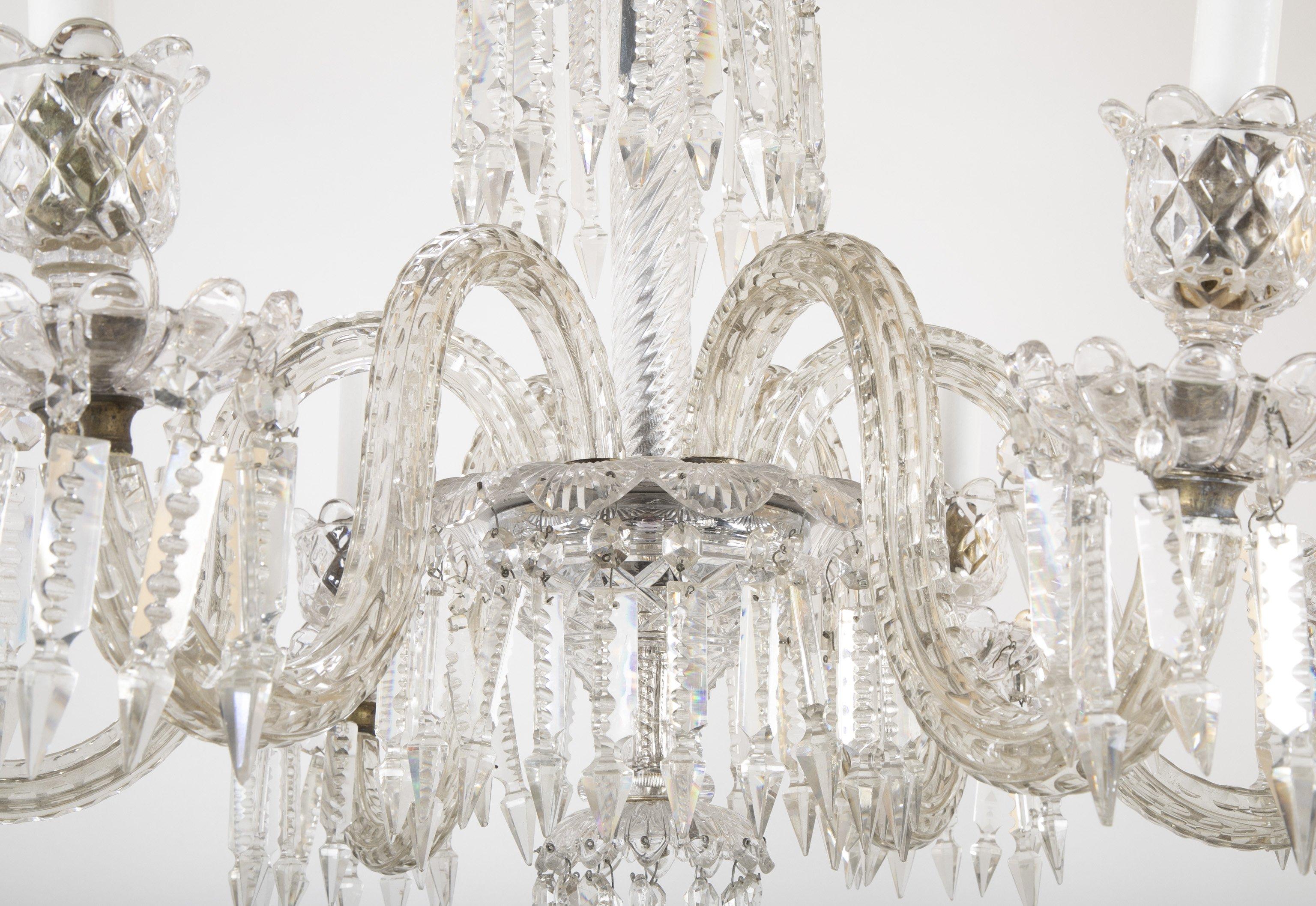 Baccarat style 6-arm crystal chandelier with spiral twist motif, circa 1930s.