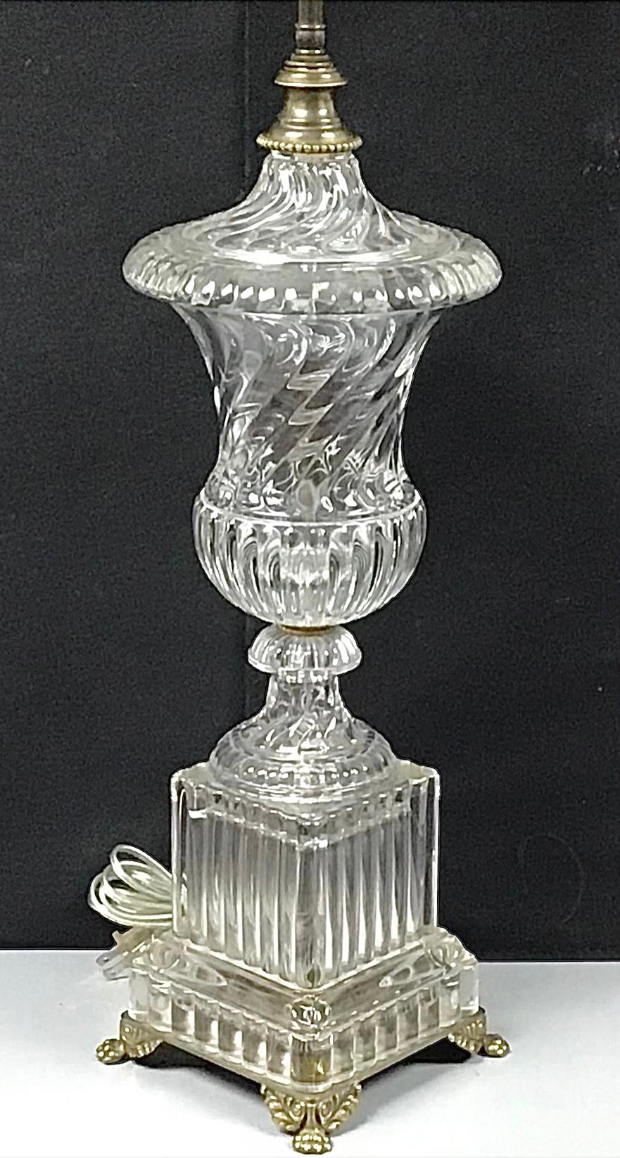 Mid-Century Modern Baccarat Style Crystal Urn Form Swirl Lamps on Brass Base