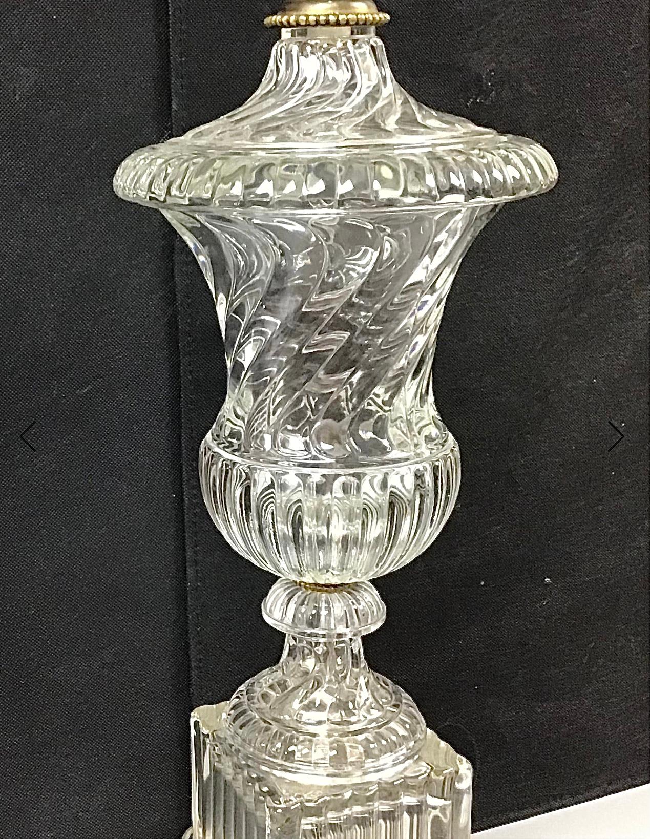 Baccarat Style Crystal Urn Form Swirl Lamps on Brass Base In Good Condition In Bradenton, FL