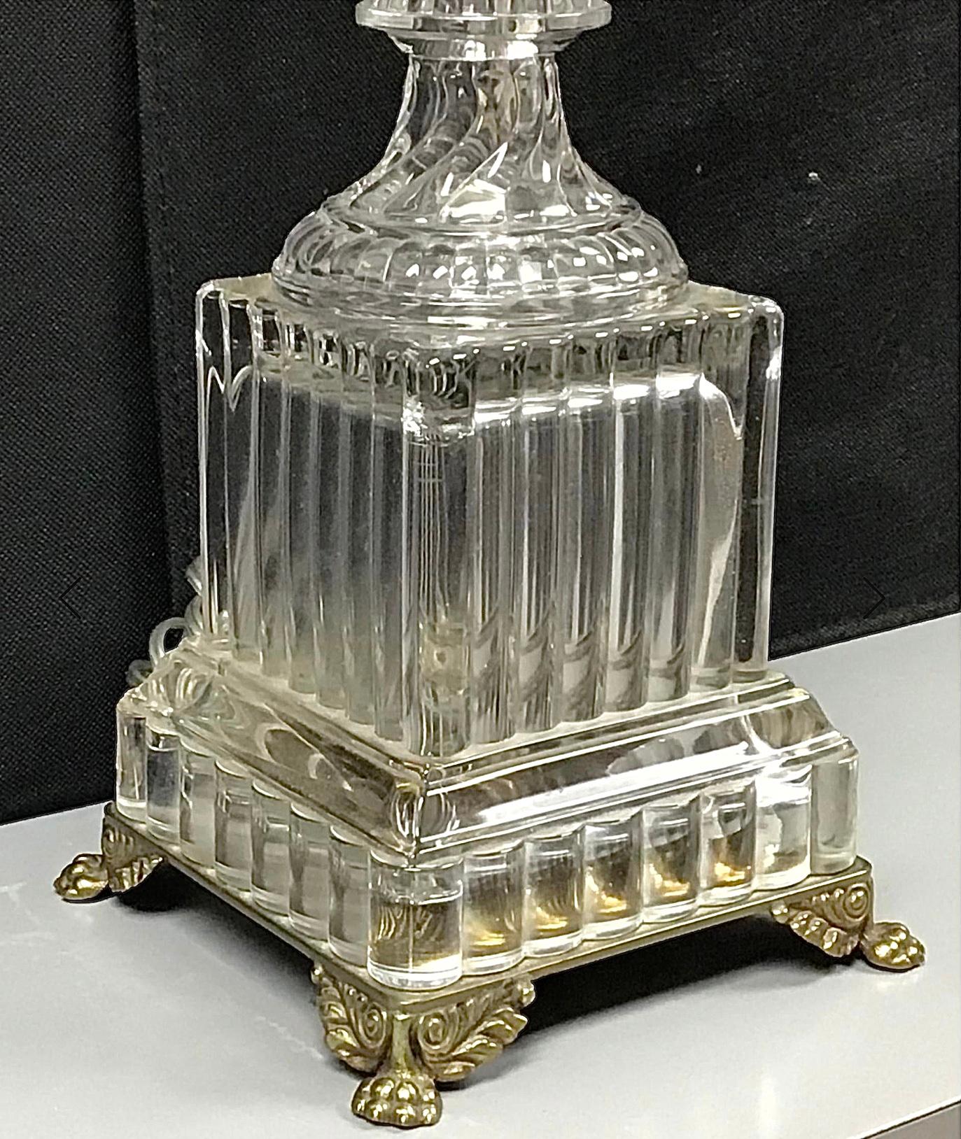 20th Century Baccarat Style Crystal Urn Form Swirl Lamps on Brass Base