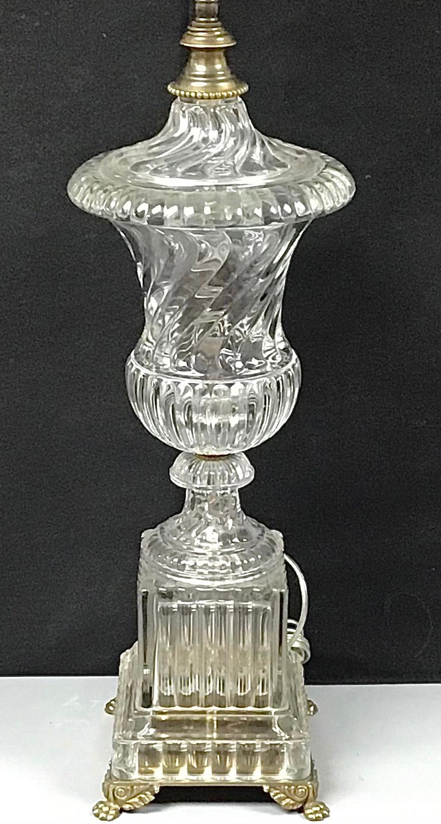 Baccarat Style Crystal Urn Form Swirl Lamps on Brass Base 2