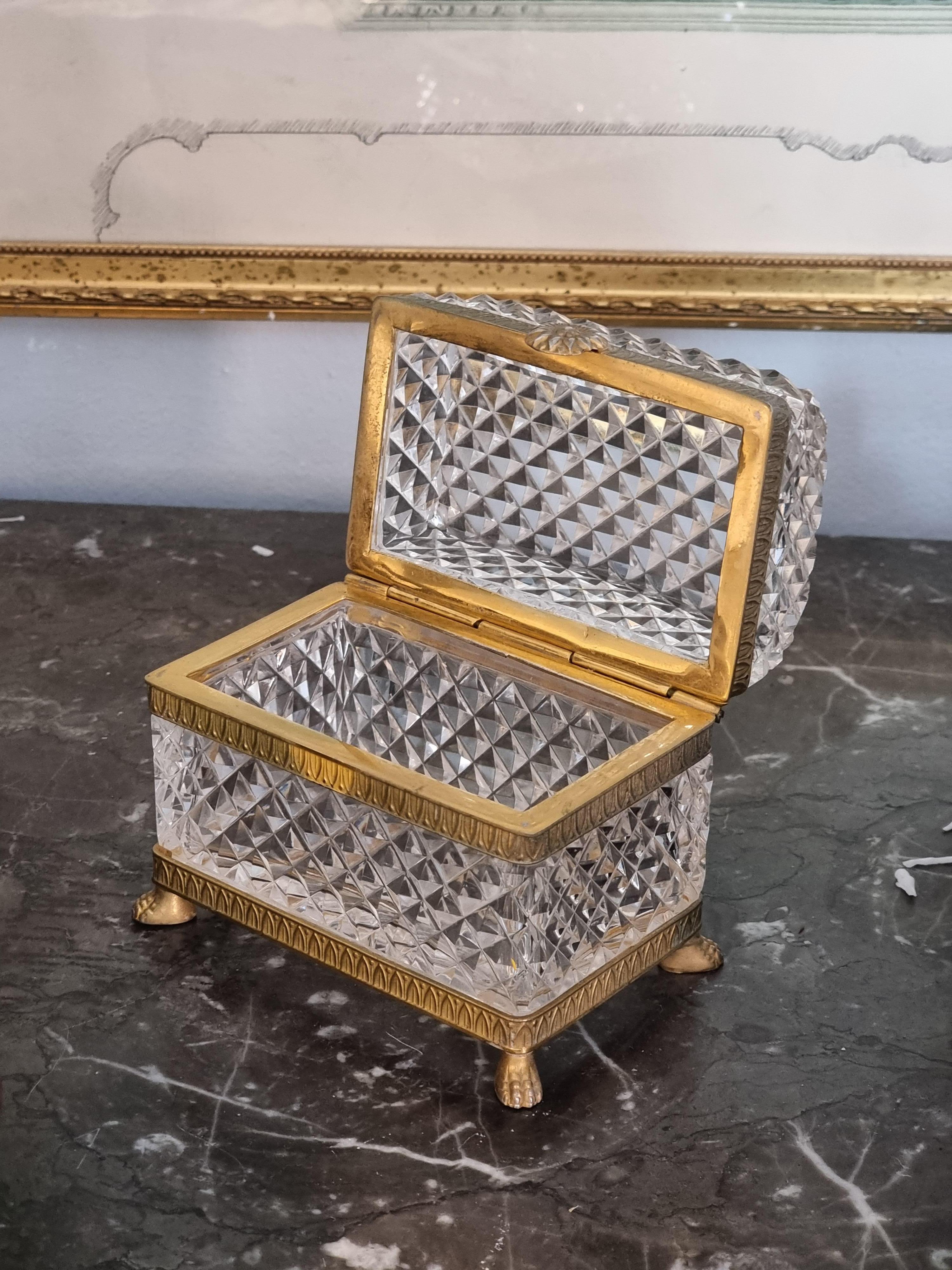 French Baccarat style cut crystal glass, ormolu casket box, clasp in shape of flower.