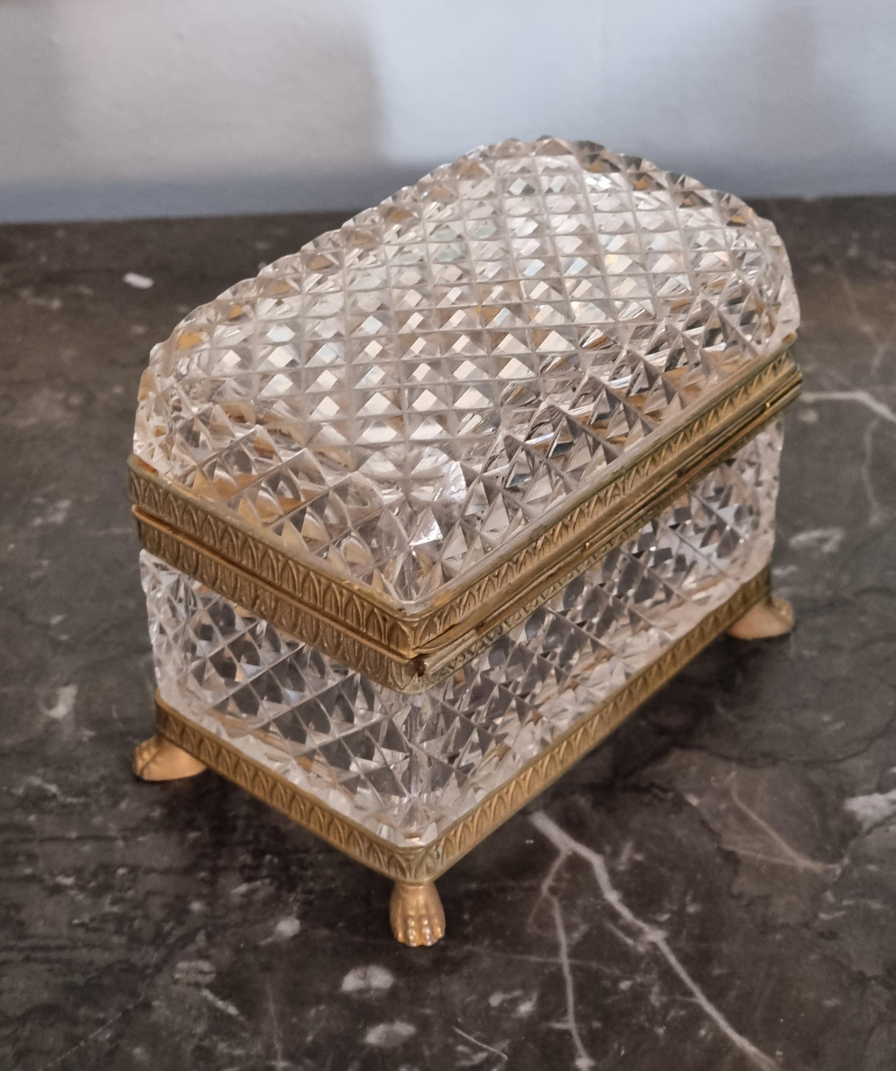 Gilt Baccarat style cut crystal glass, ormolu casket box, clasp in shape of flower.