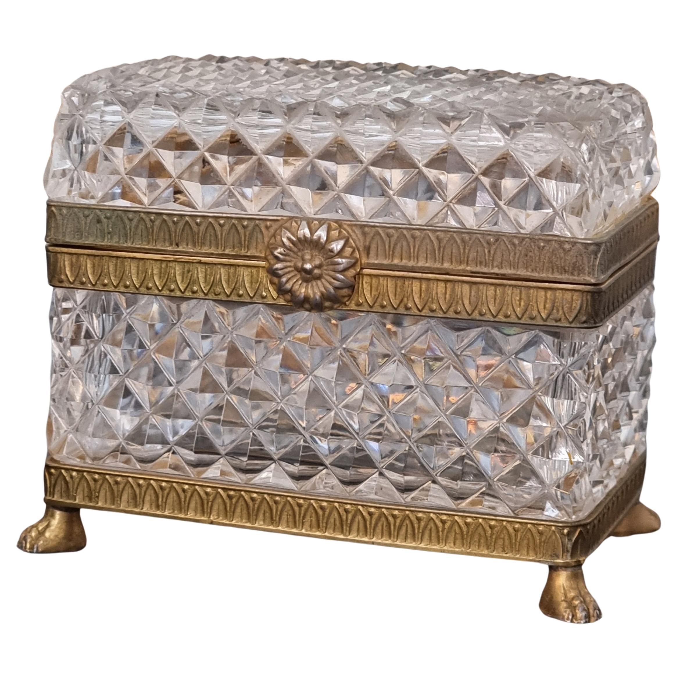 Baccarat style cut crystal glass, ormolu casket box, clasp in shape of flower.