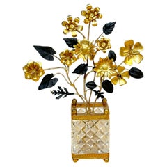 Cacharro Floral Topiario Estilo Baccarat de Cristal Francés Dorado y Bronce Patinado
