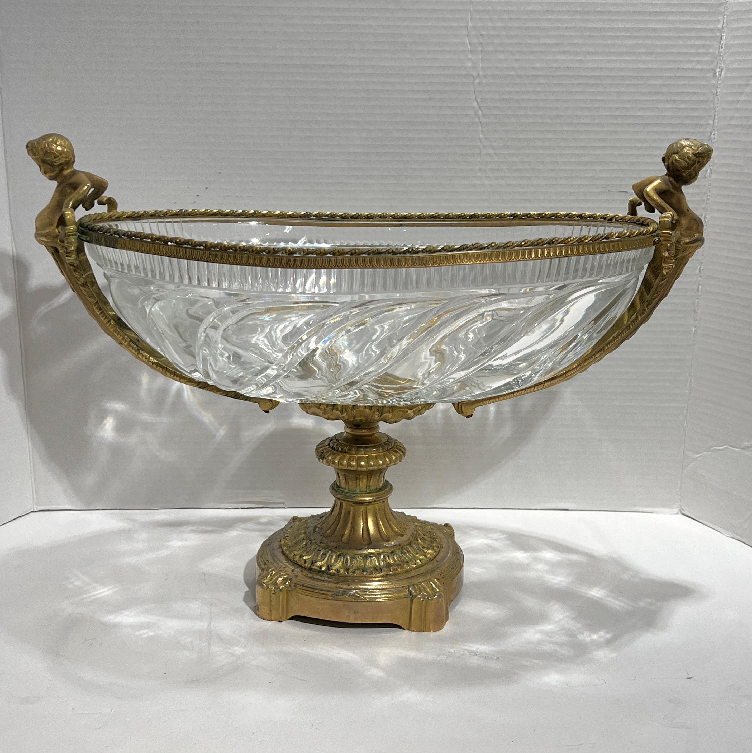 Neoclassical Revival Baccarat style Gilt Bronze Mounted Crystal Glass Centerpiece Bowl